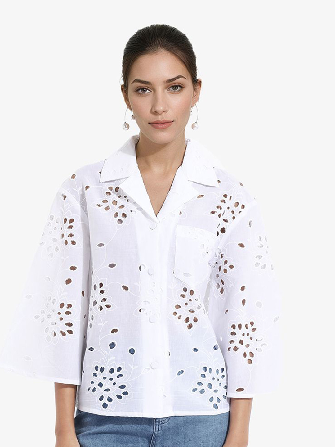 

RAREISM Women Cuban Collar Cotton Crochet Top, White