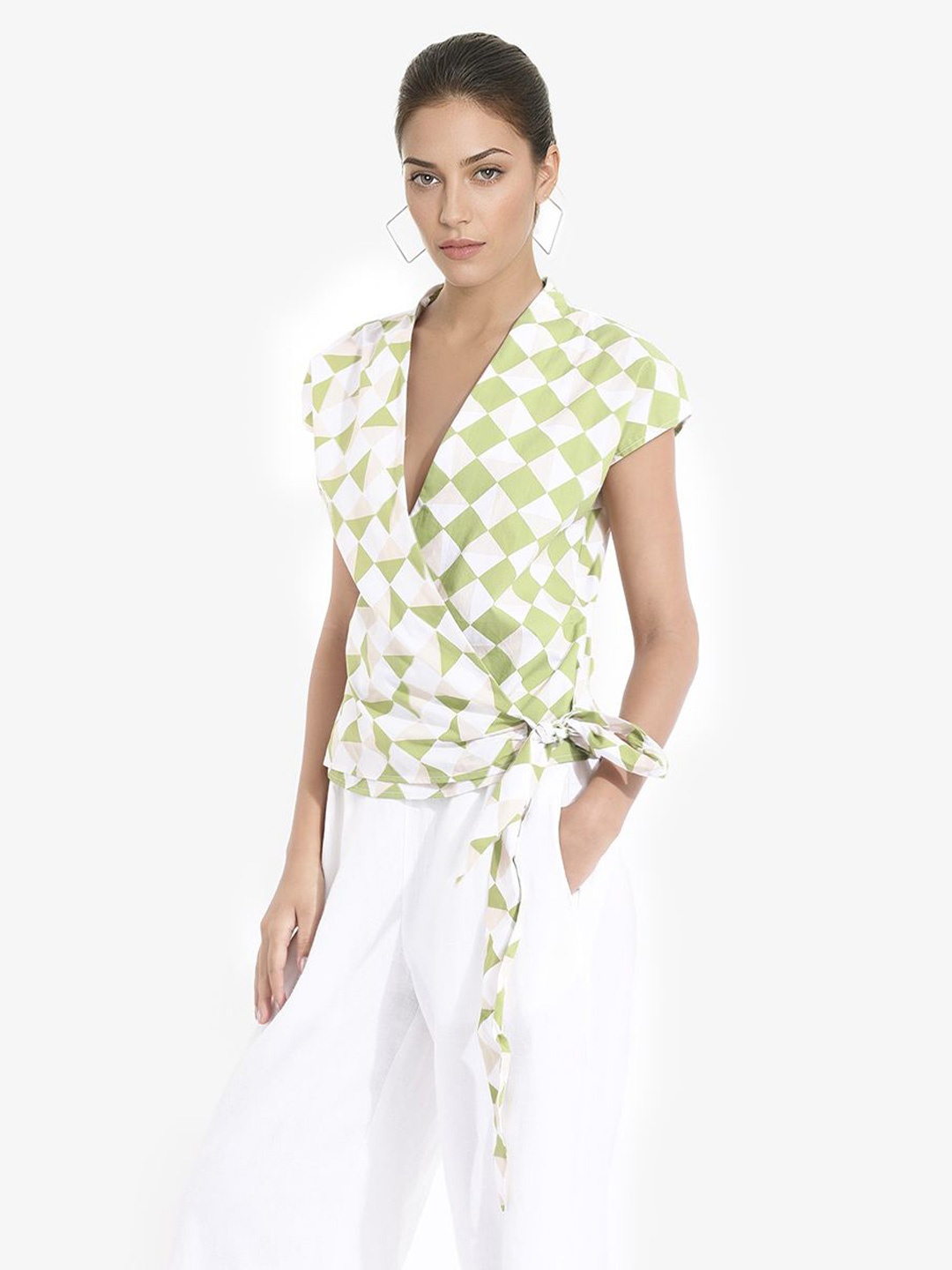 

RAREISM Women Checked Printed Cotton Wrap Top, Green