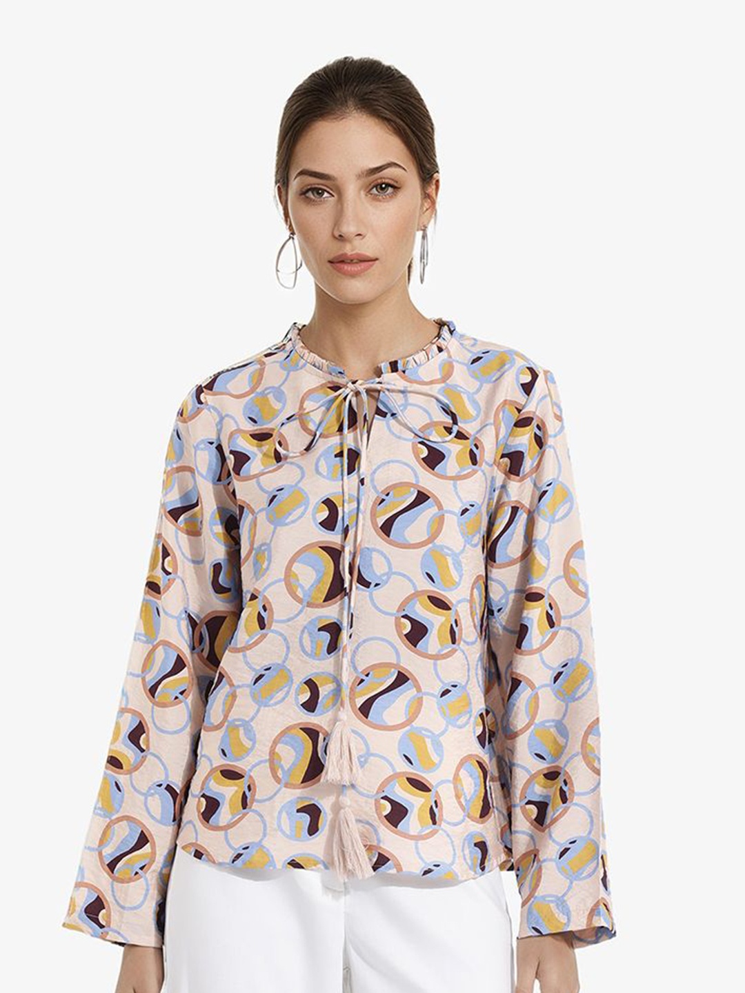 

RAREISM Women Abstract Printed Long Sleeves Tie-Up Neck Top, Beige