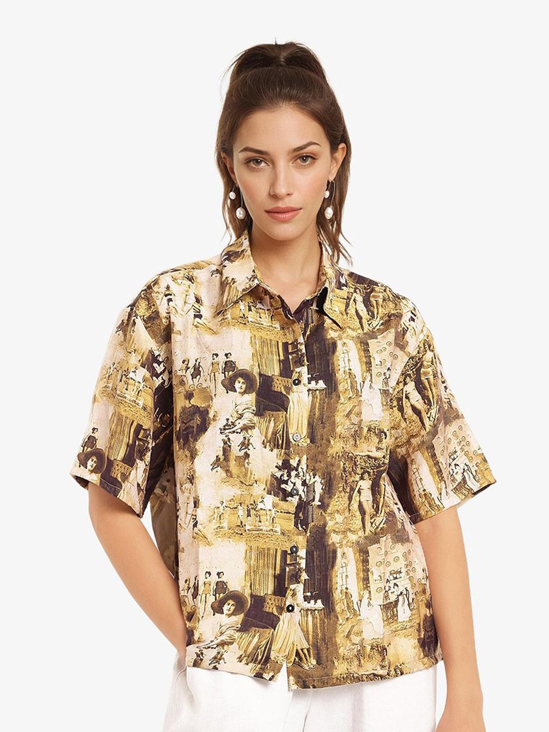 

RAREISM Women Abstract Printed Shirt Style Top, Olive