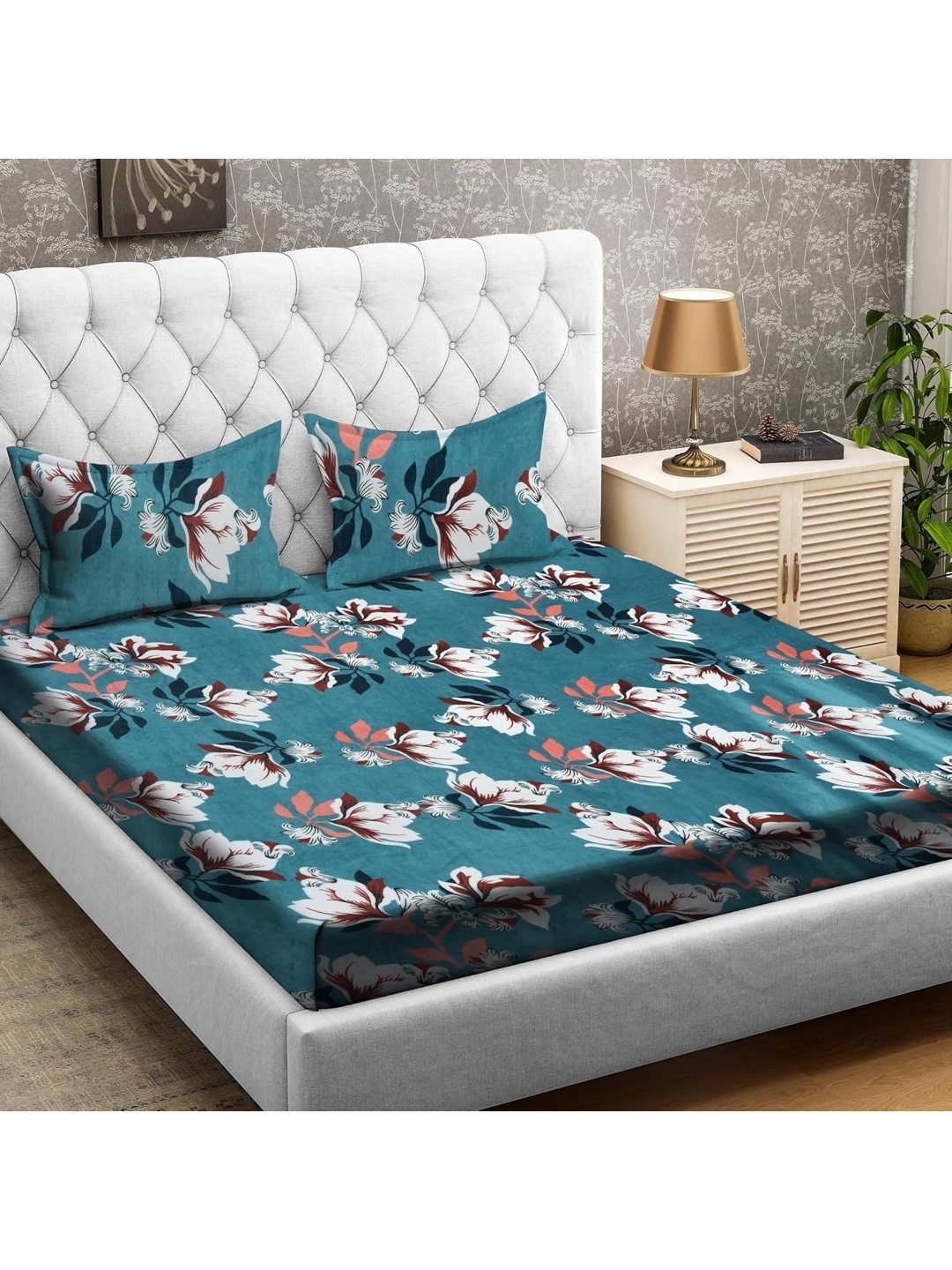 

RRC Turquoise Blue Printed 300 TC Woollen Double Queen Bedsheet With 2 Pillow Covers