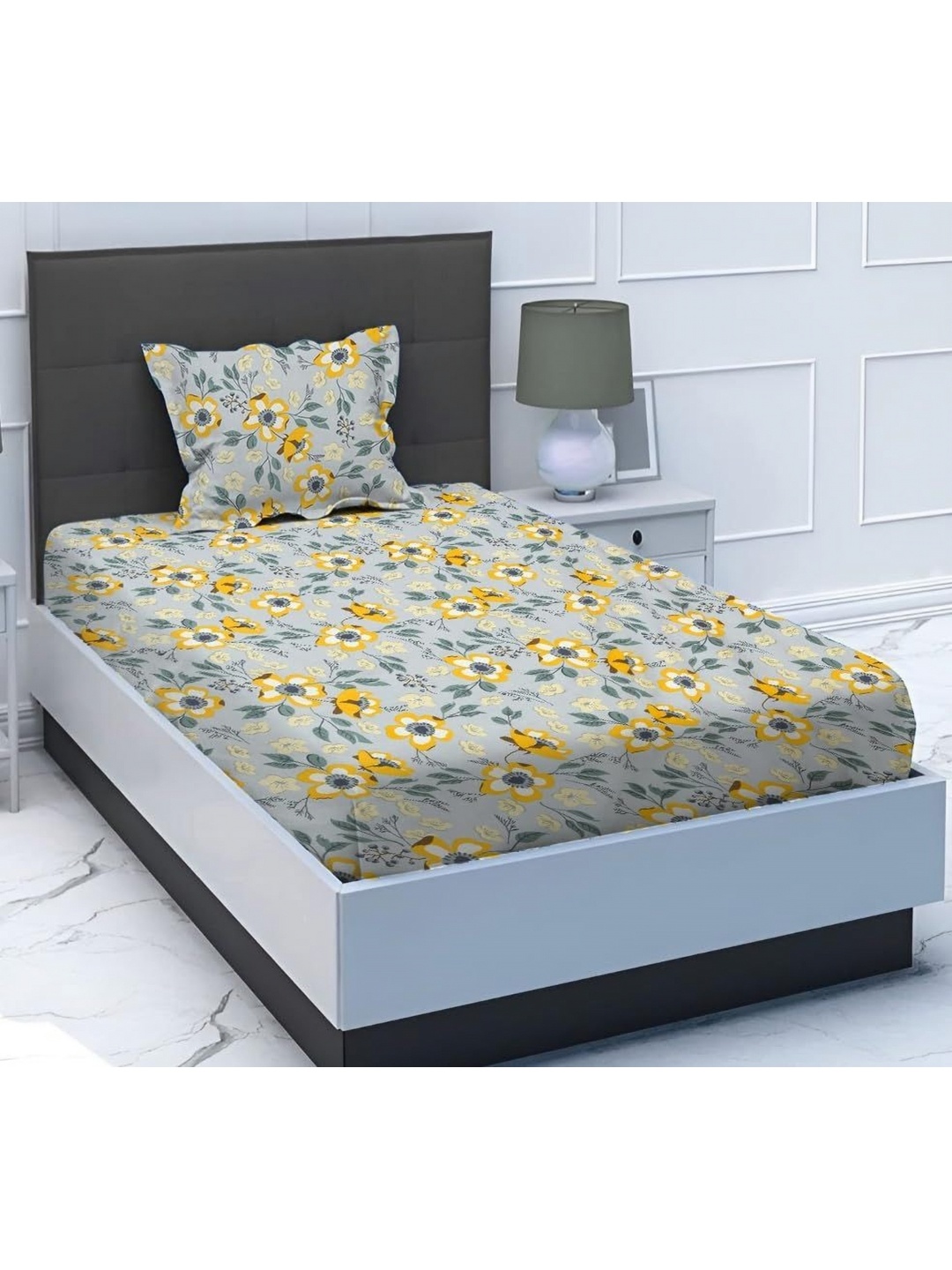 

RRC Grey & Yellow Floral Printed 144 TC Single Bedsheet With Pillow Cover