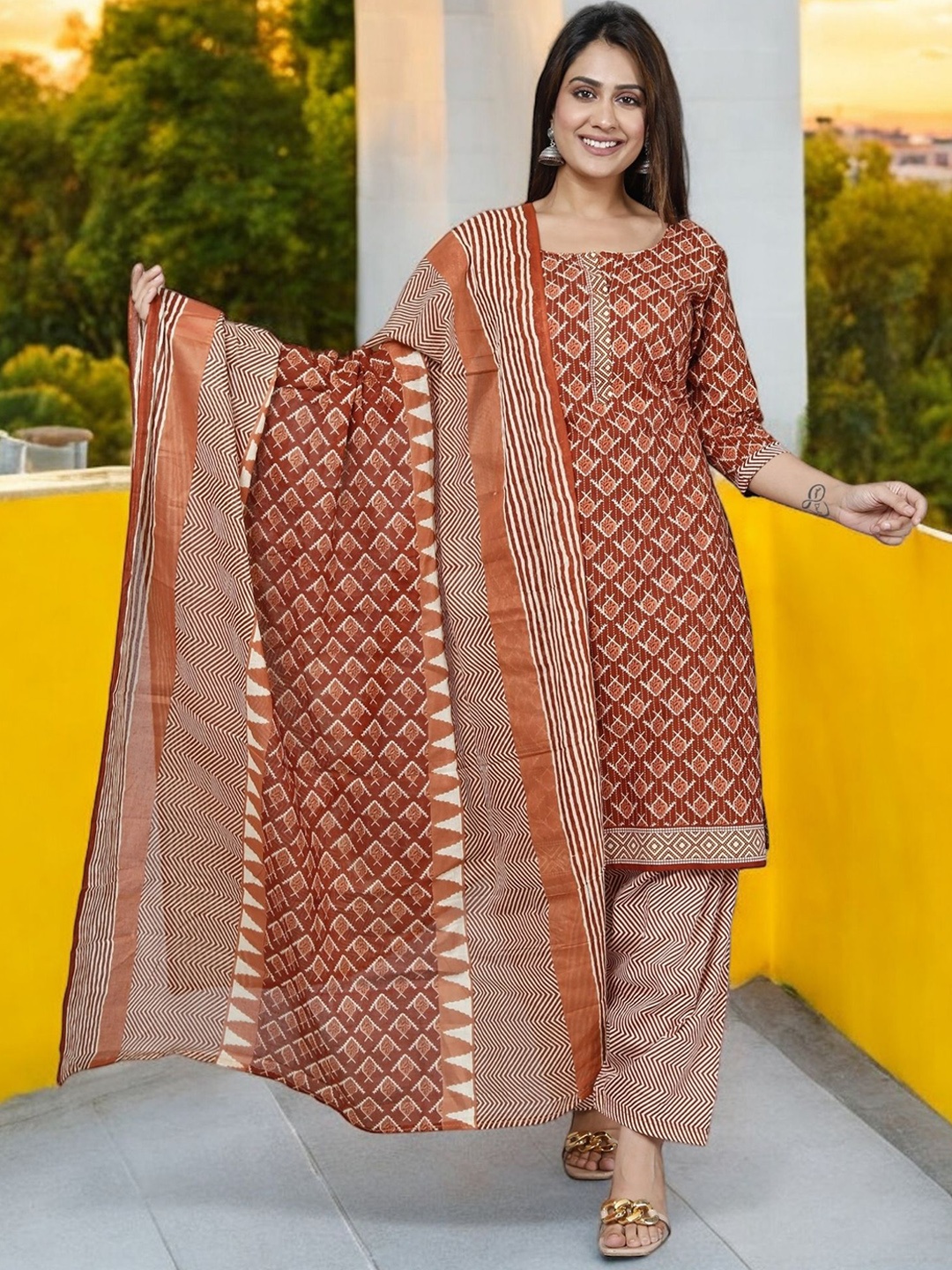 

Jevi Prints Ethnic Motifs Printed Straight Pure Cotton Kurta with Patiala & Dupatta, Brown