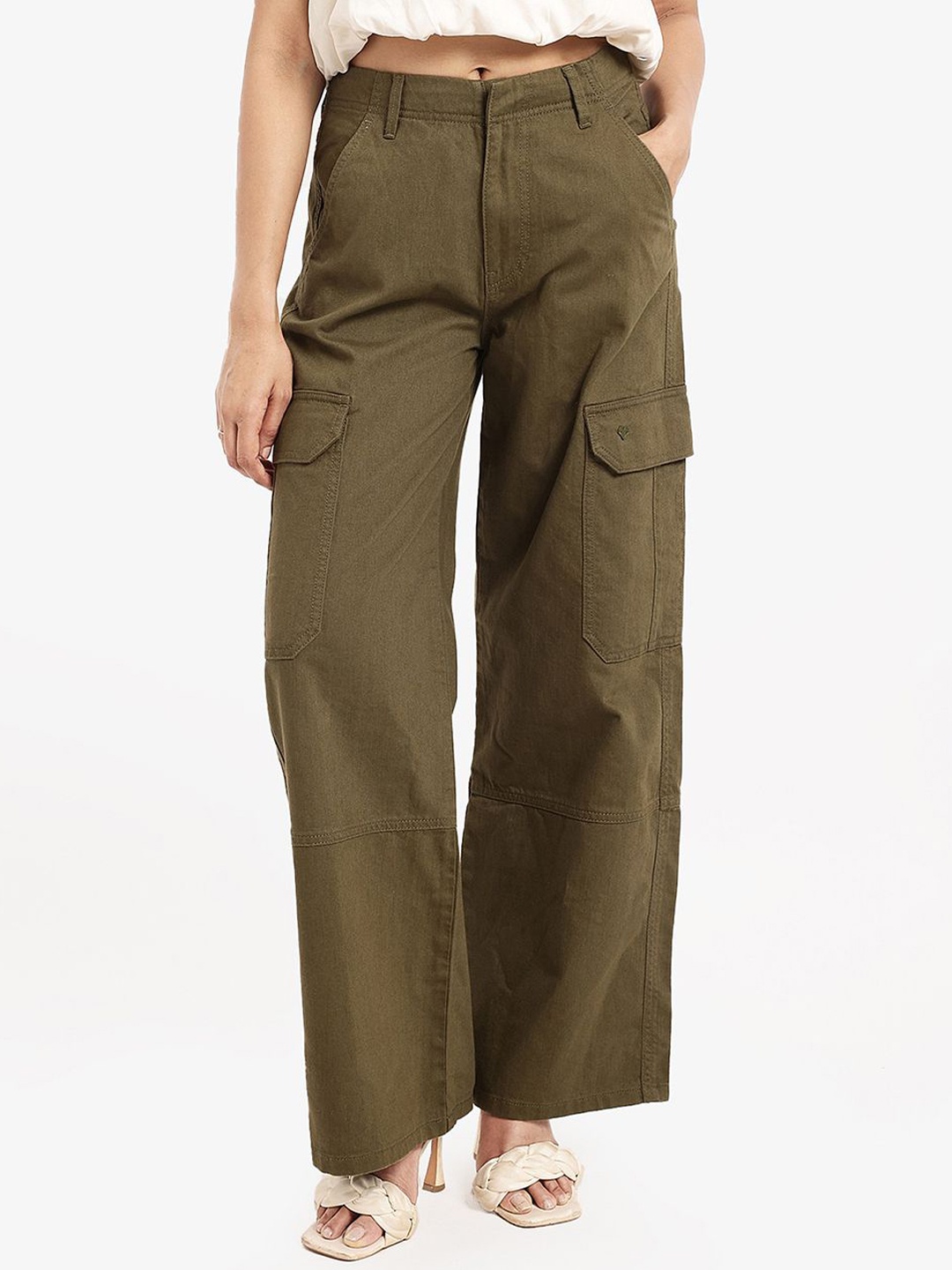

RAREISM Women Loose Fit High-Rise Cargos Trousers, Olive