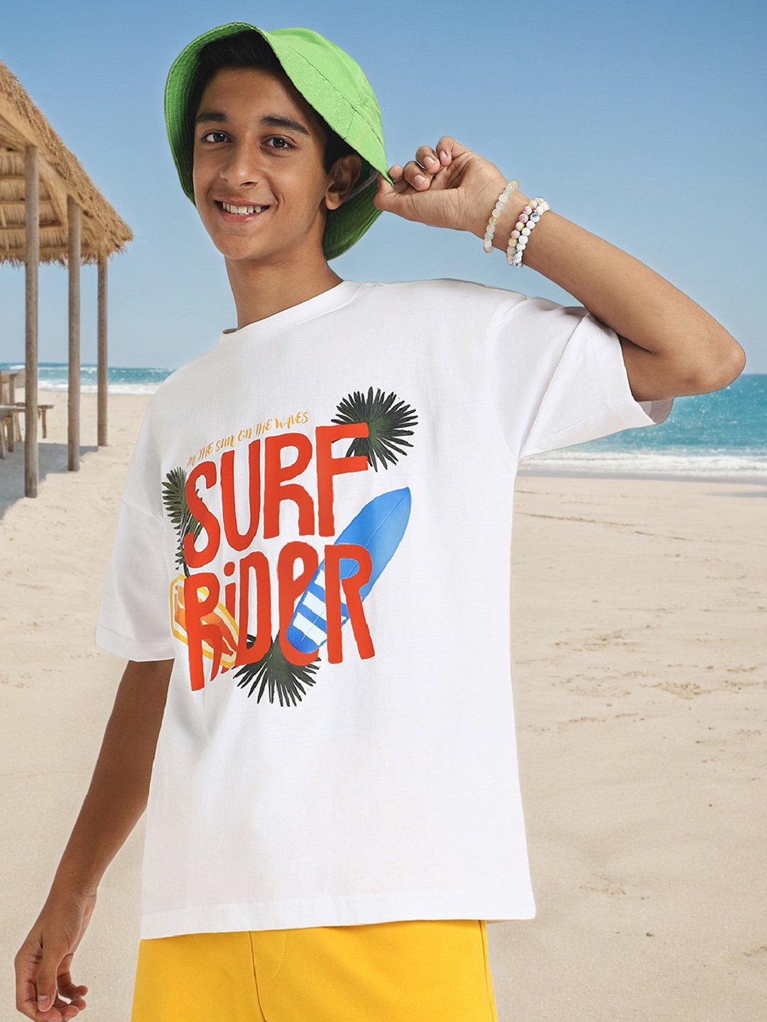 VEIRDO Boys Graphic Printed Round Neck Pure Cotton Oversized T-Shirt, White