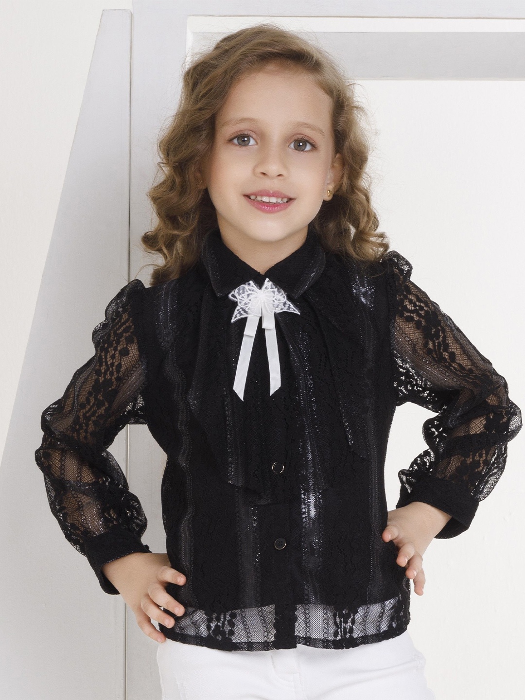 

Peppermint Girls Shirt Collar Long Sleeves Top, Black