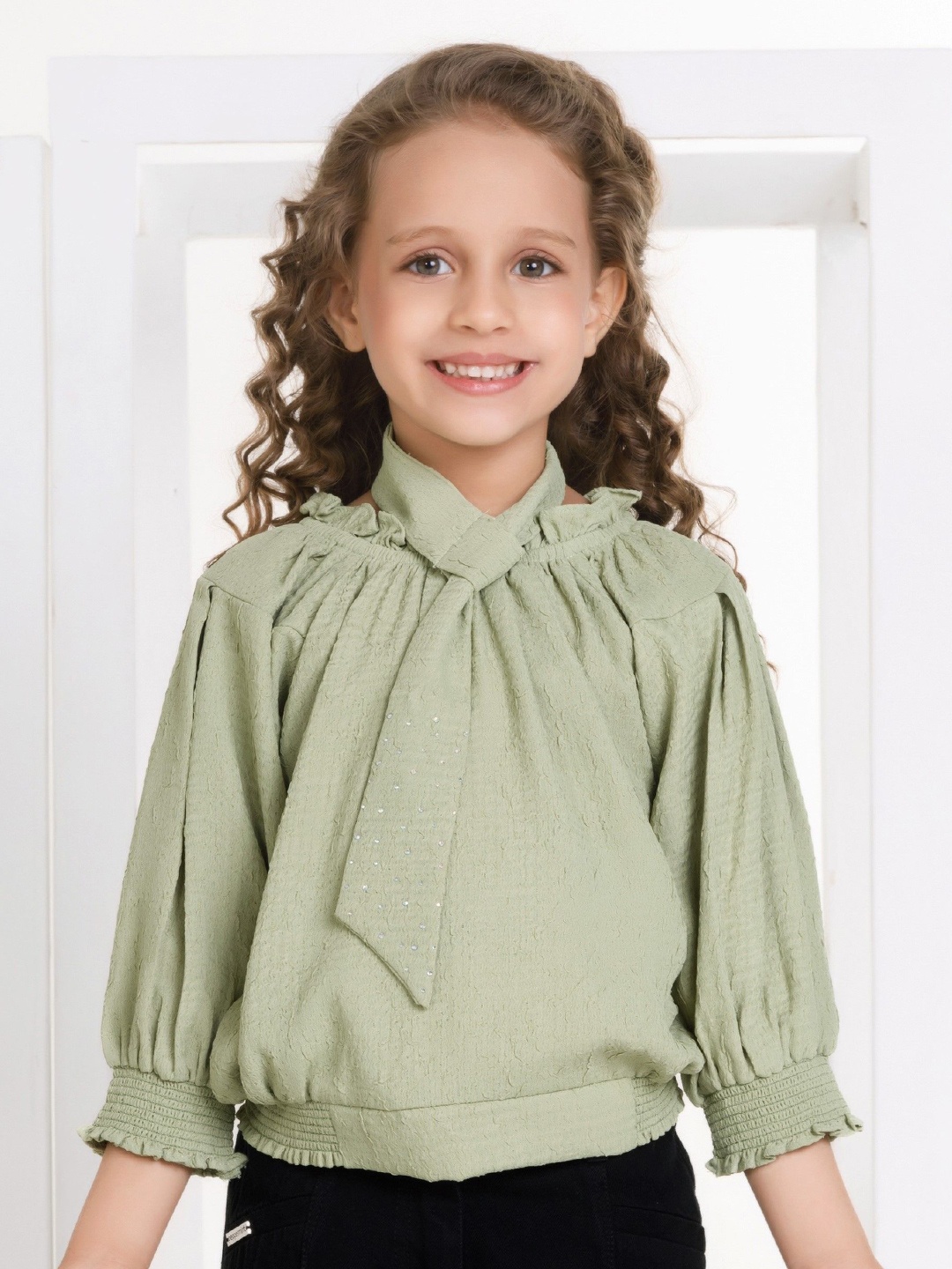 

Peppermint Girls Tie-Up Neck Blouson Top, Green