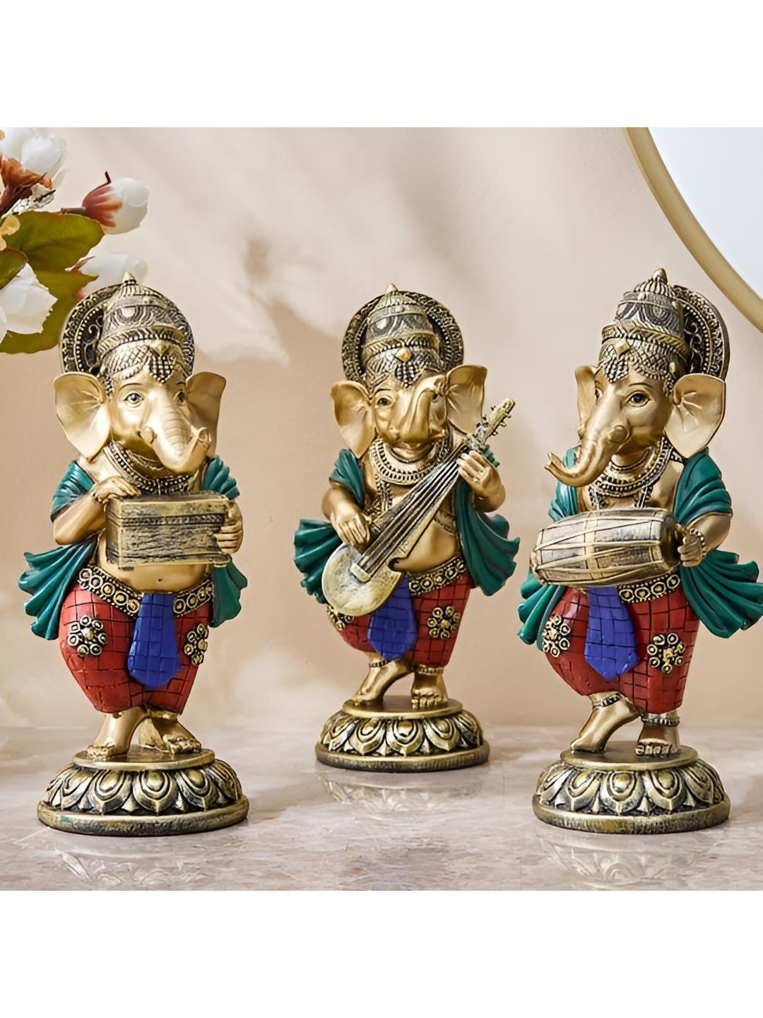 

SANKALAN CREATIONS Gold Toned & Green 3 Pieces Religious Idol Showpieces