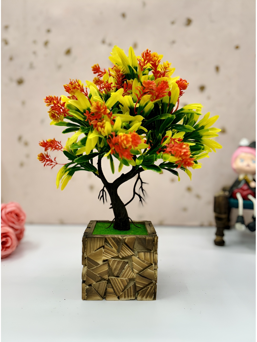 

Dekorly Orange & Green Gardenia Eucalyptus Artificial Plant With Pot