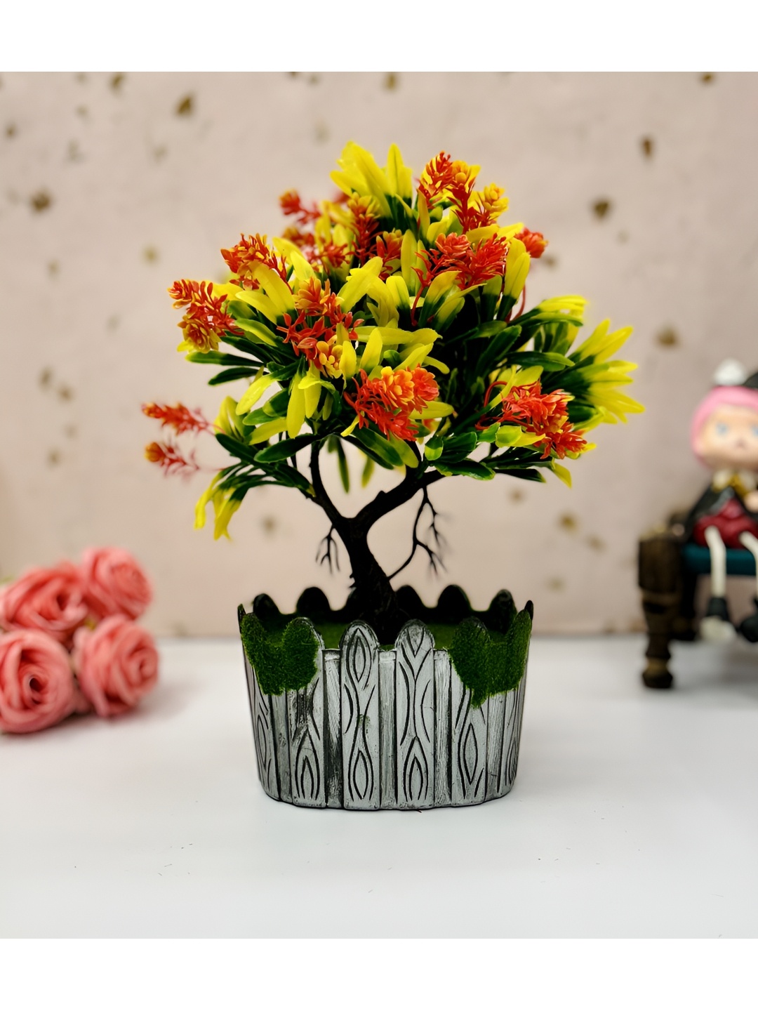 

Dekorly Orange & Yellow Gardenia Eucalyptus Artificial Plant With Pot