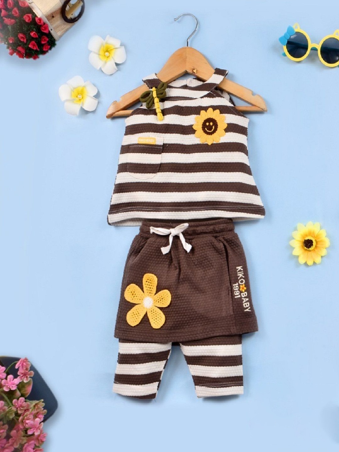 

KIKO Girls Striped Top with Shorts & Trousers, Brown