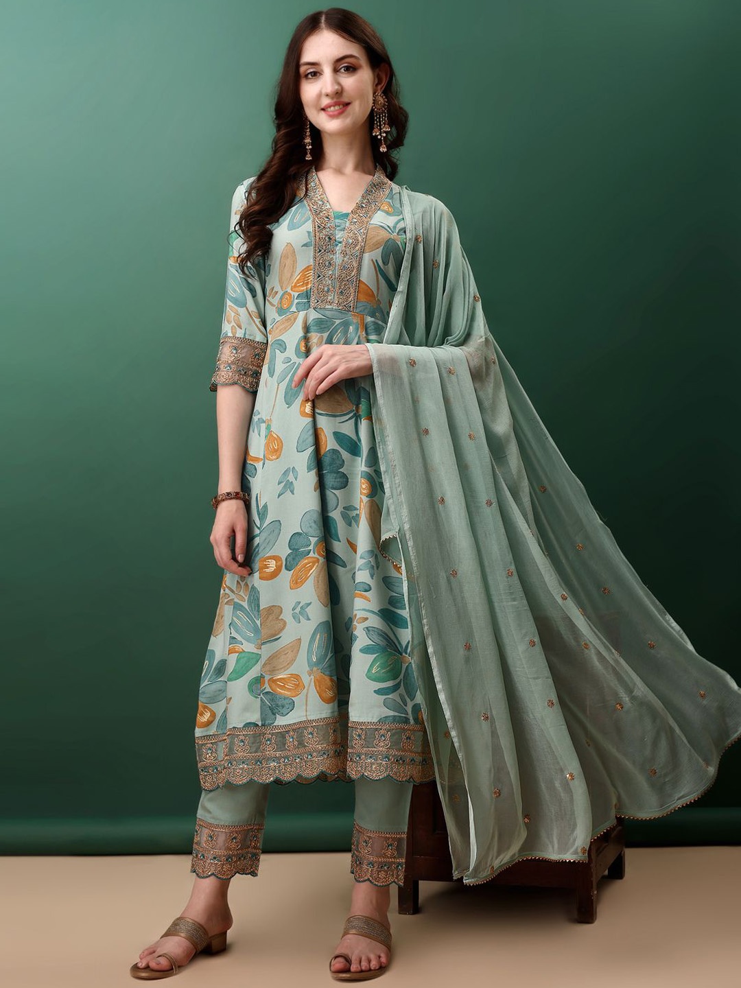 

KALINI Floral Printed V-Neck Thread Work A-Line Kurta with Trousers & With Dupatta, Blue