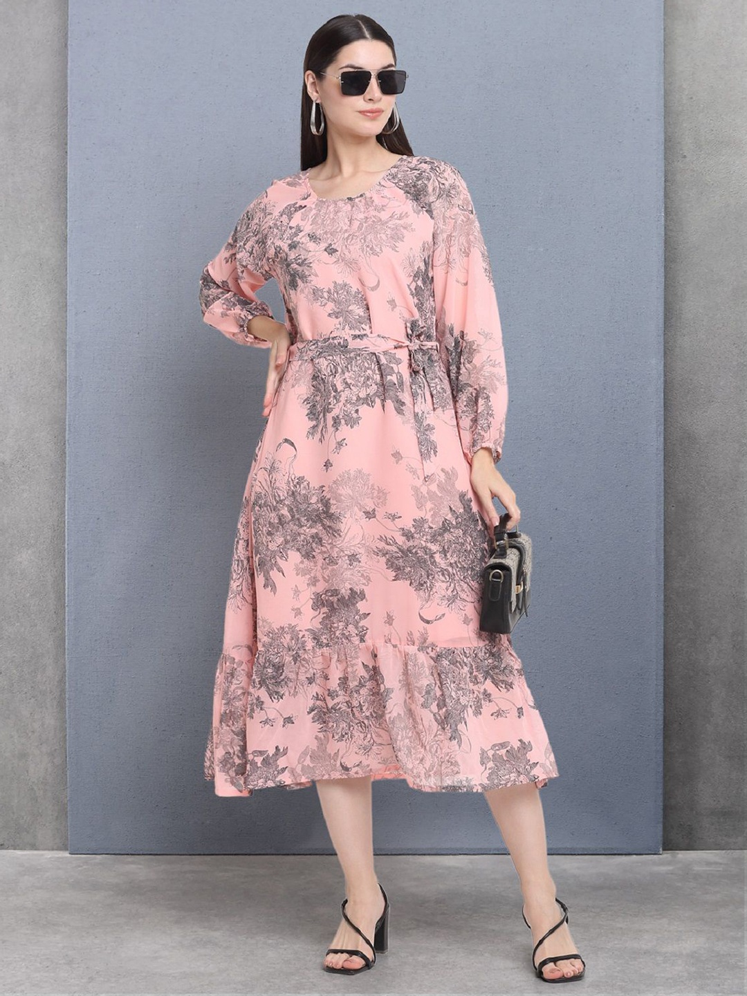 

RAISIN Floral Print Puff Sleeve Georgette A-Line Midi Dress, Peach