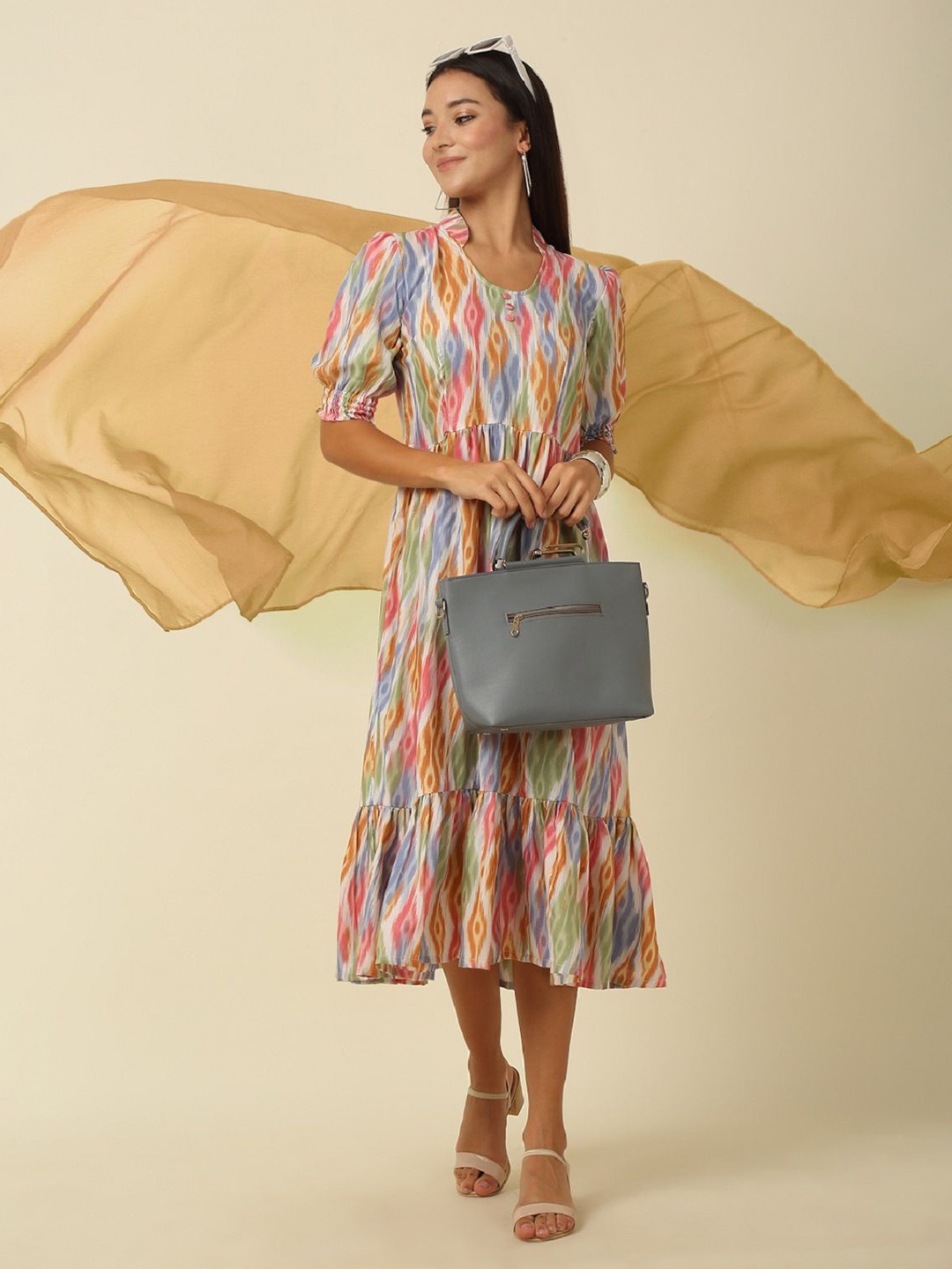

RAISIN Print Puff Sleeve A-Line Midi Dress, Blue