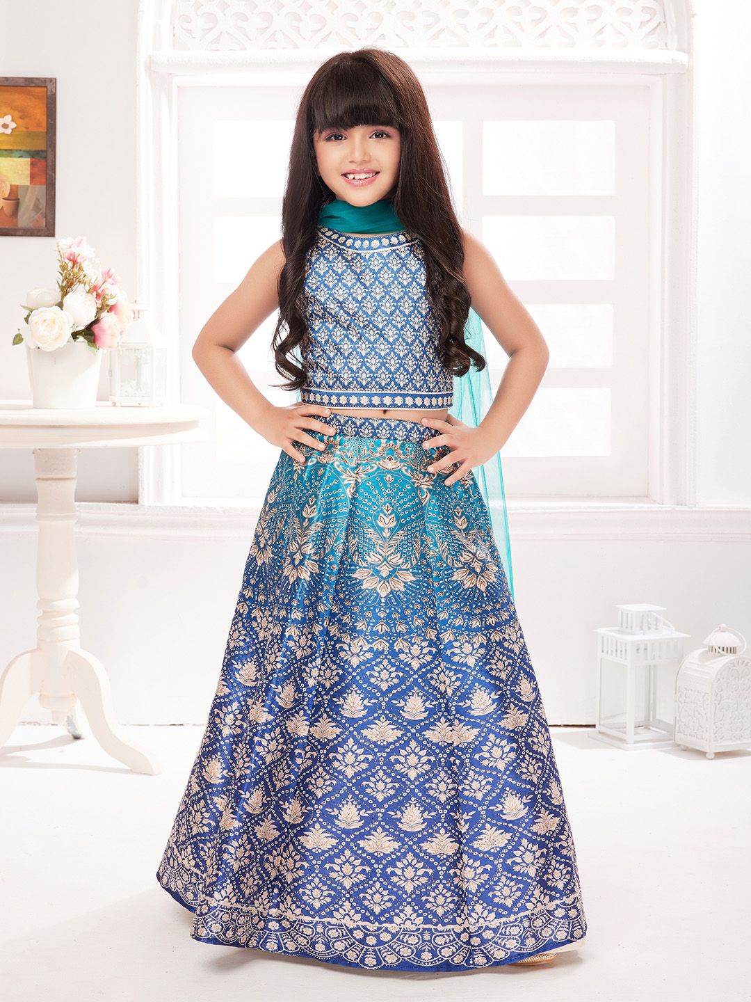 

Tiny Kingdom Girls Printed Sequinned Ready to Wear Lehenga & Blouse With Dupatta, Blue