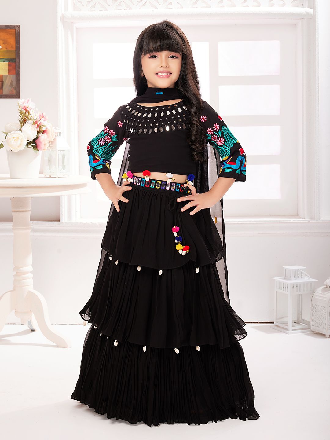 

Tiny Kingdom Girls Embellished Mirror Work Ready to Wear Lehenga & Blouse With Dupatta, Black