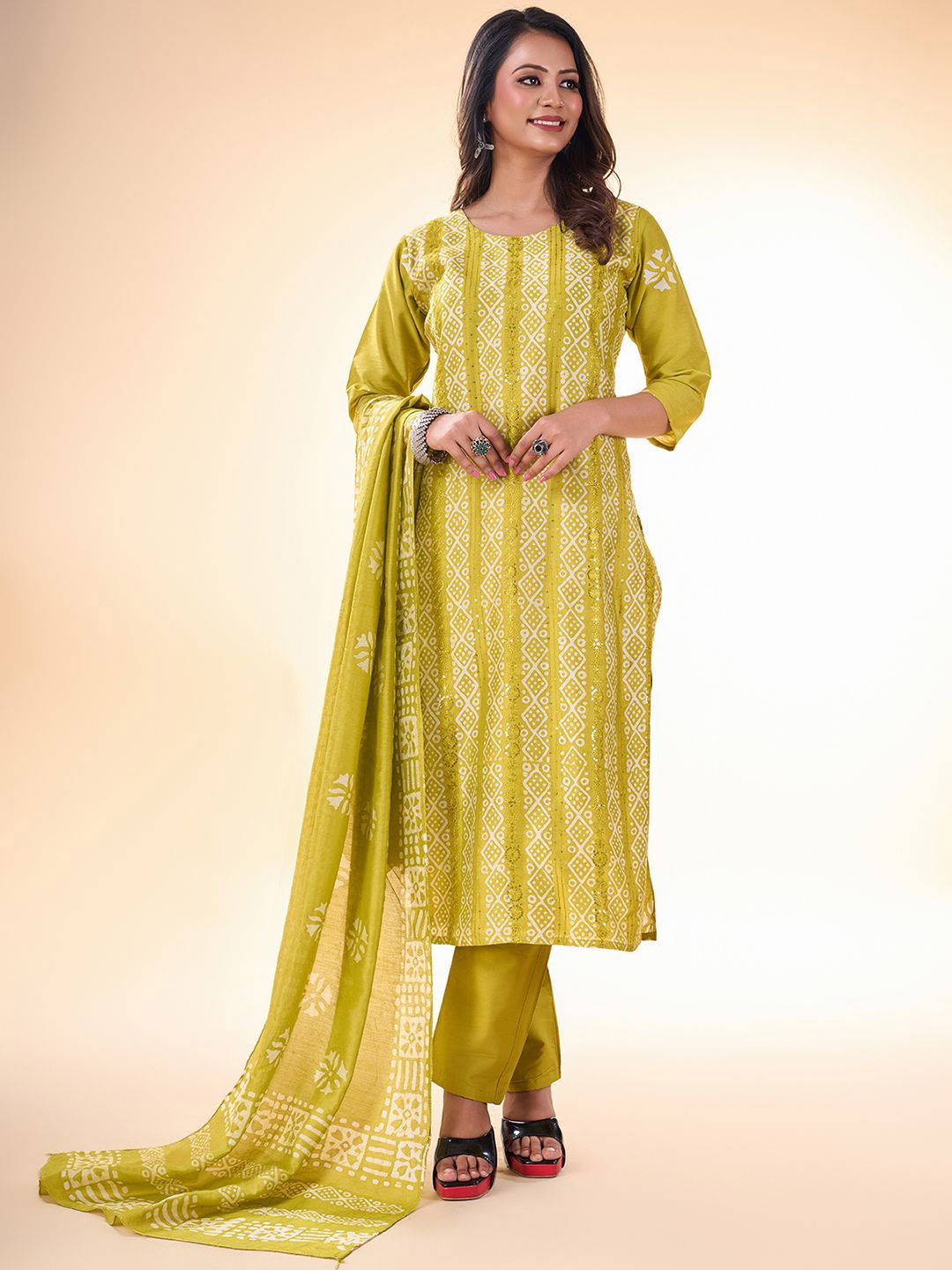 

cbazaar Ethnic Motifs Printed Sequinned Straight Kurta With Trousers & Dupatta, Yellow