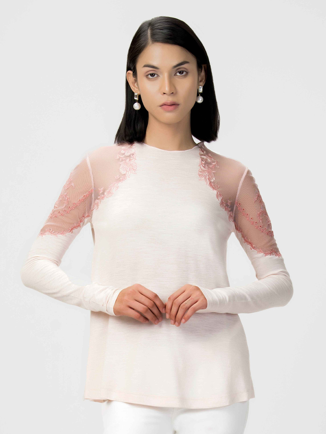 

HOUSE OF S Women Round Neck Long Sleeves Cotton Top, Pink