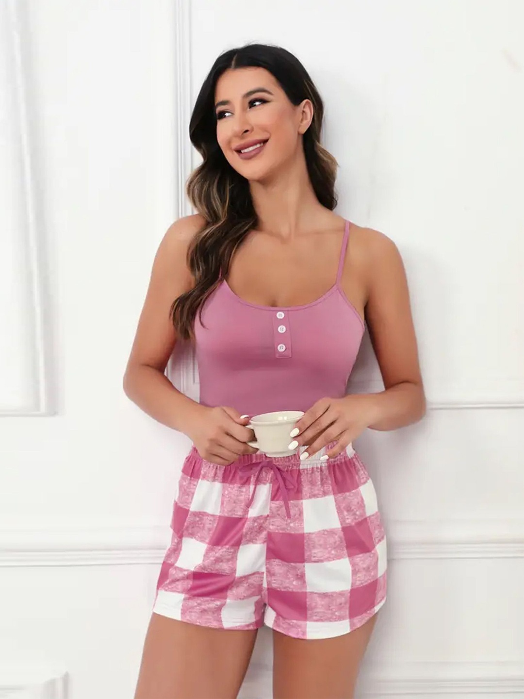 

LULU & SKY Cropped Top With Shorts Night Suit, Pink