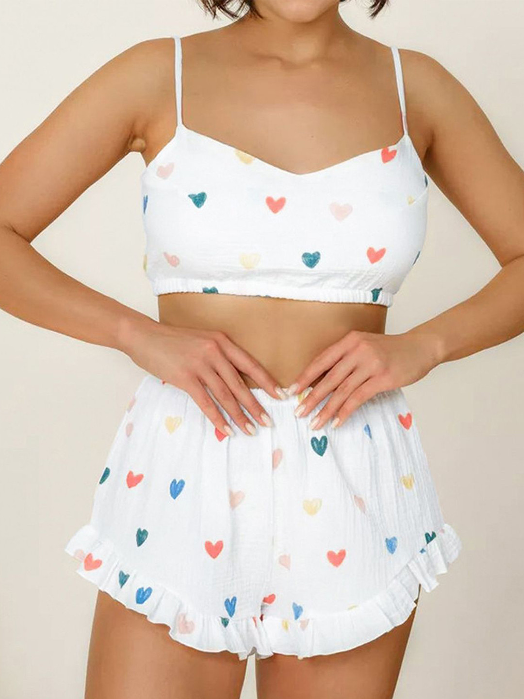 

LULU & SKY Printed Top With Shorts Night Suit, White