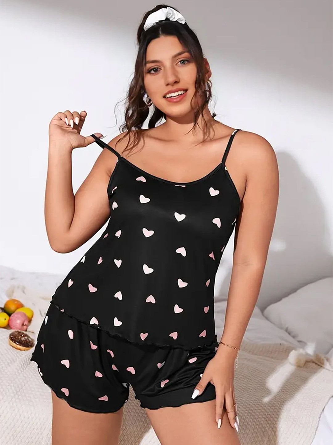 

LULU & SKY Printed Top With Shorts Night Suit, Black