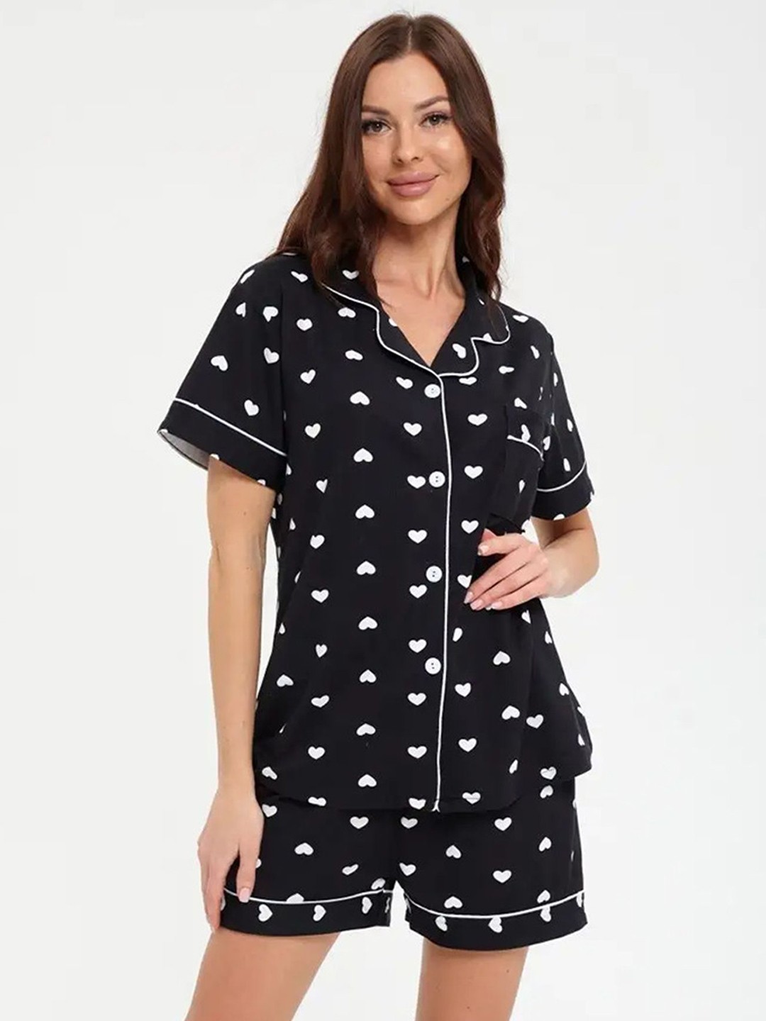 

LULU & SKY Heart Motif Printed Shirt With Shorts Night Suit, Black