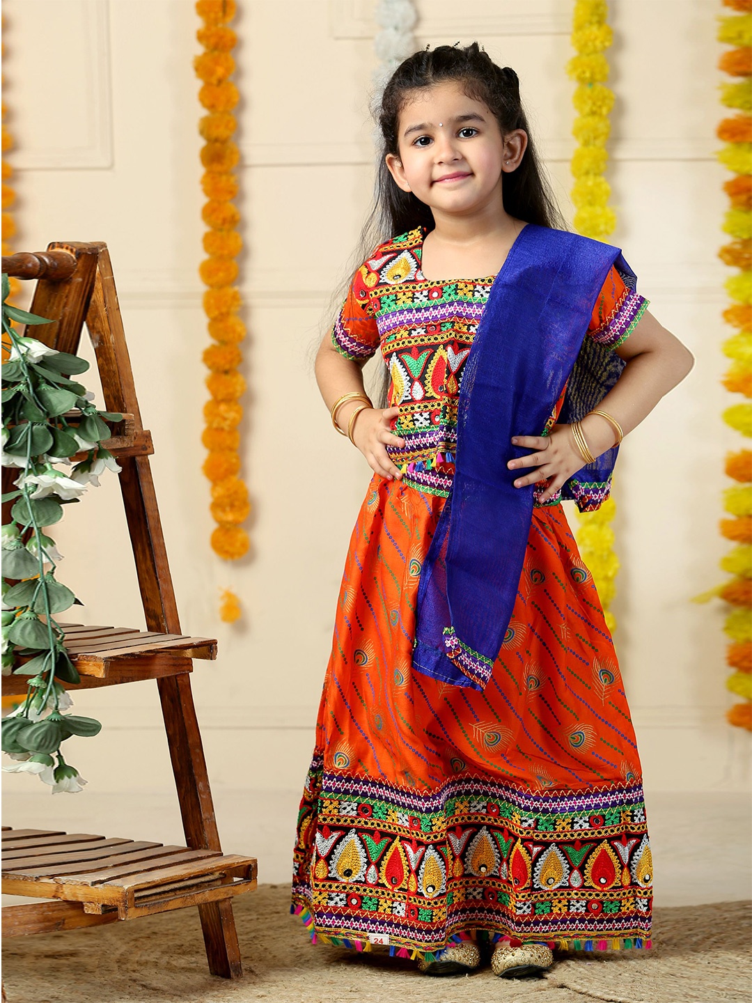 

ahhaaaa Girls Embroidered Mirror Work Cotton Ready to Wear Lehenga & Blouse With Dupatta, Orange