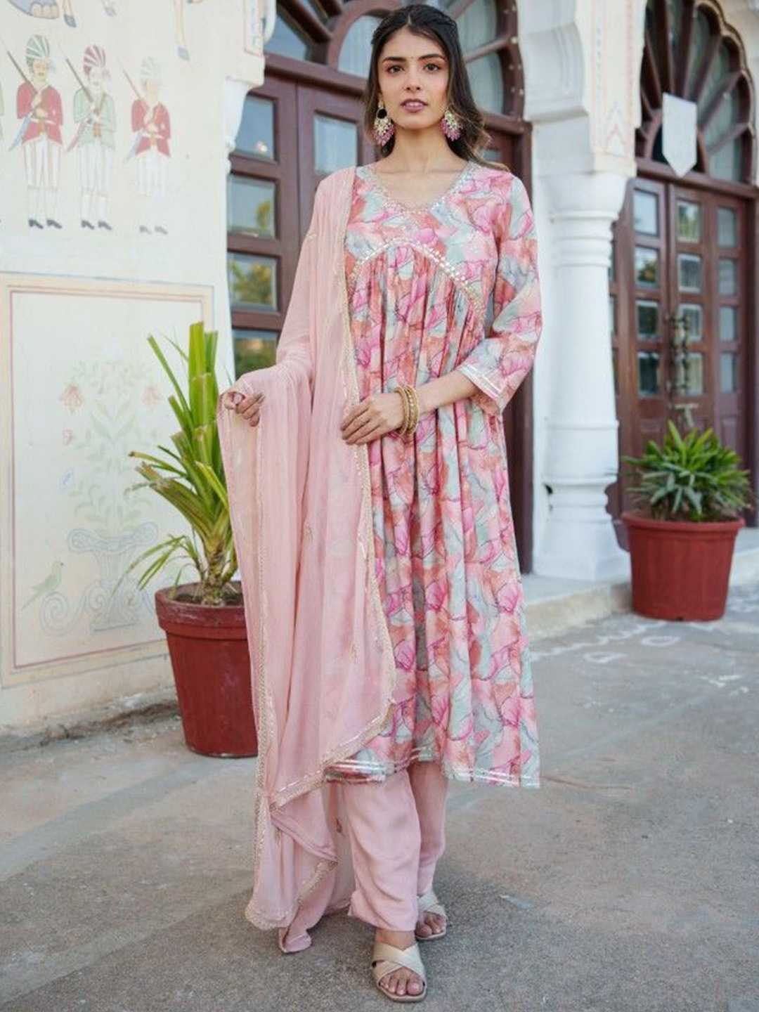 

VAASVA JAIPUR Printed V-Neck Gotta Patti A-Line Empire Kurta With Trousers & Dupatta, Peach