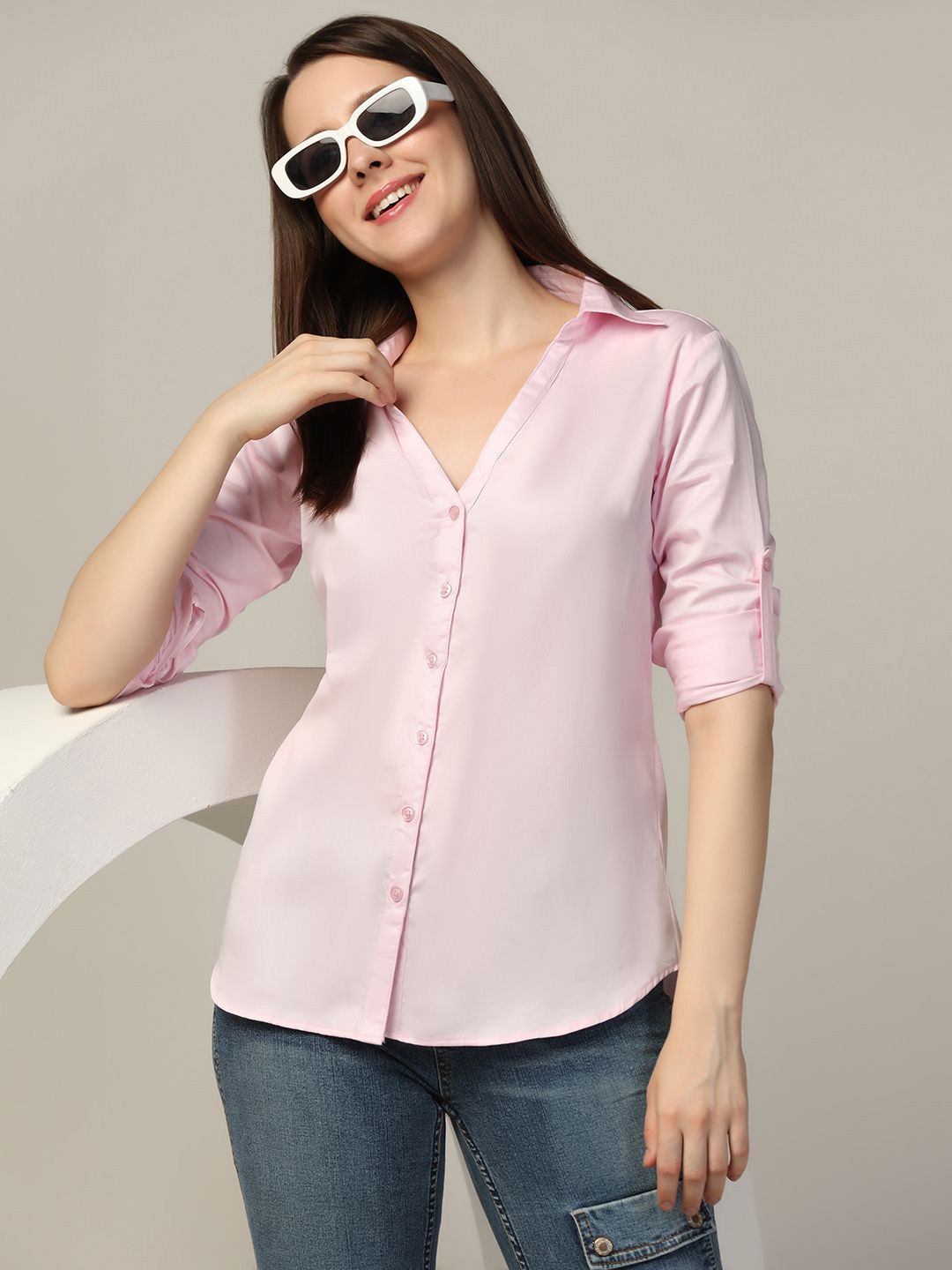 

TAHVO Women Comfort Opaque Casual Shirt, Pink