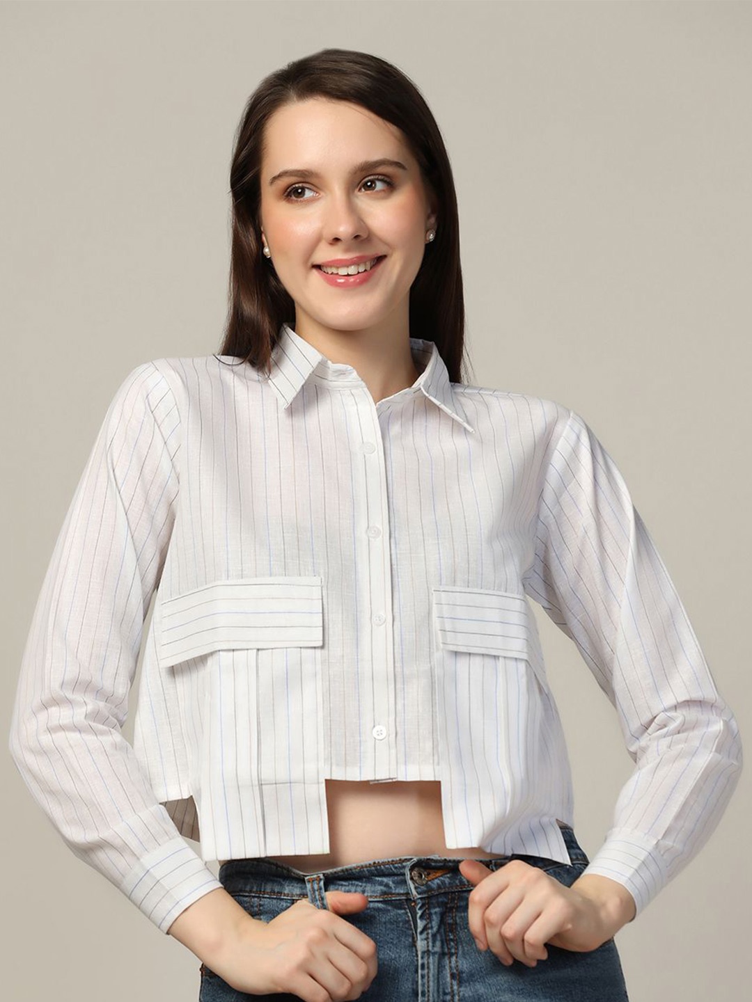 

TAHVO Women Comfort Boxy Opaque Striped Casual Shirt, White