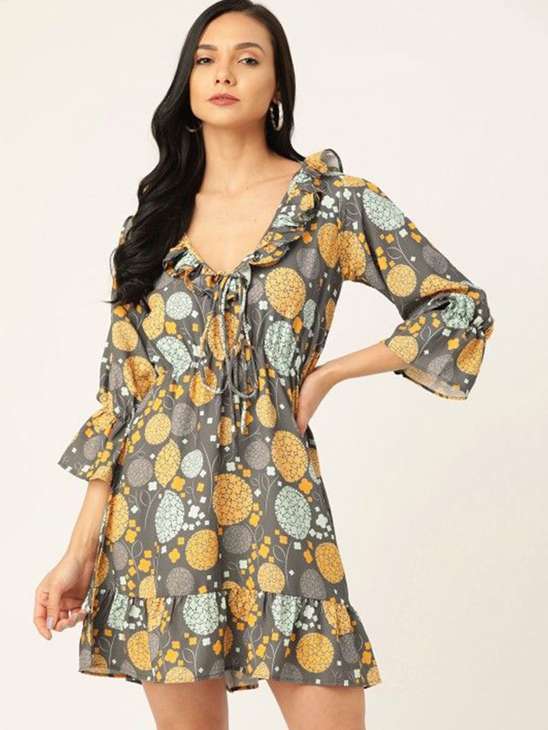 

MELOSO Women Tie-Up Neck Bell Sleeve Fit & Flare Dress, Grey melange