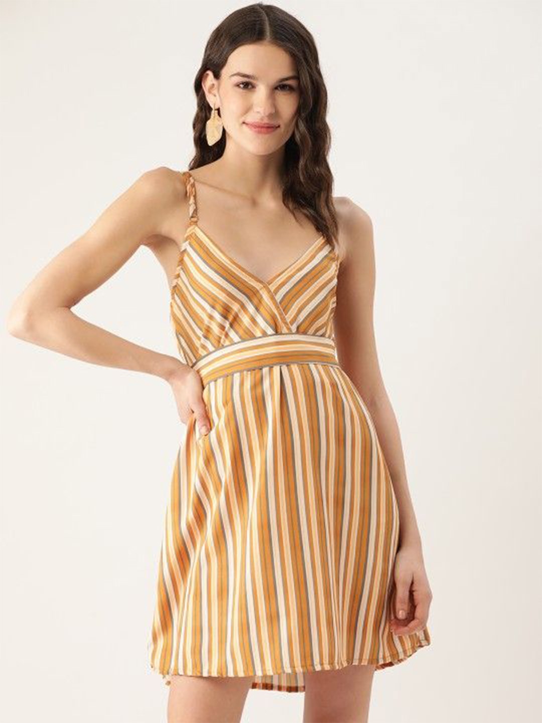 

MELOSO Women Striped Fit & Flare Dress, Mustard
