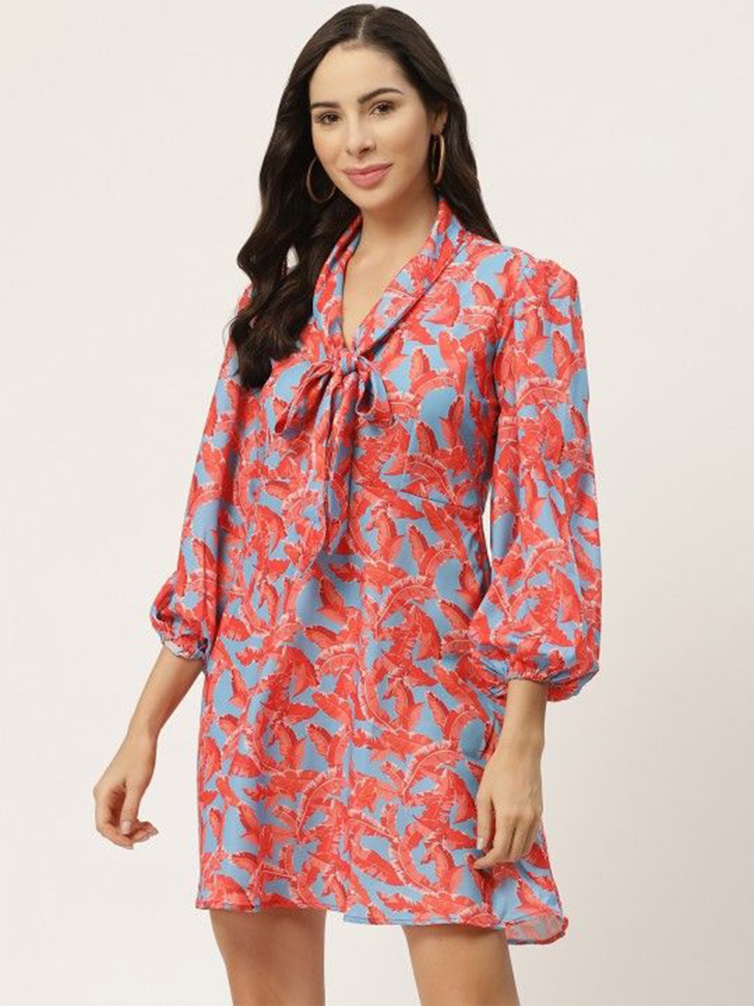 

MELOSO Women Floral Print Tie-Up Neck Puff Sleeve A-Line Dress, Turquoise blue