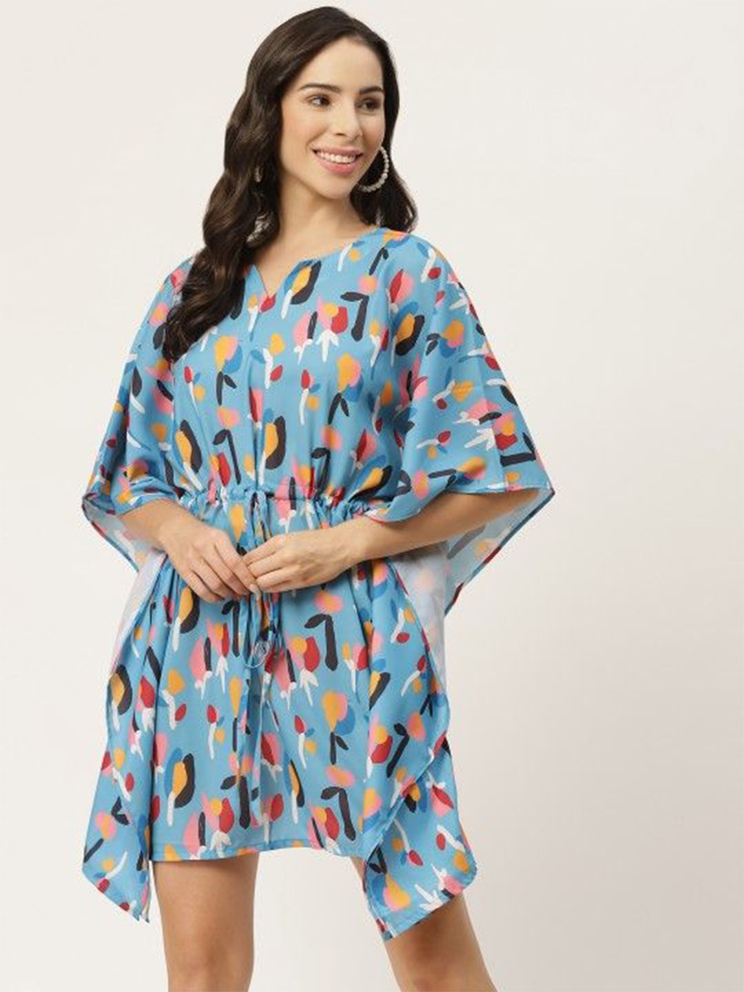 

MELOSO Women Abstract Print Kimono Sleeve Kaftan Dress, Turquoise blue