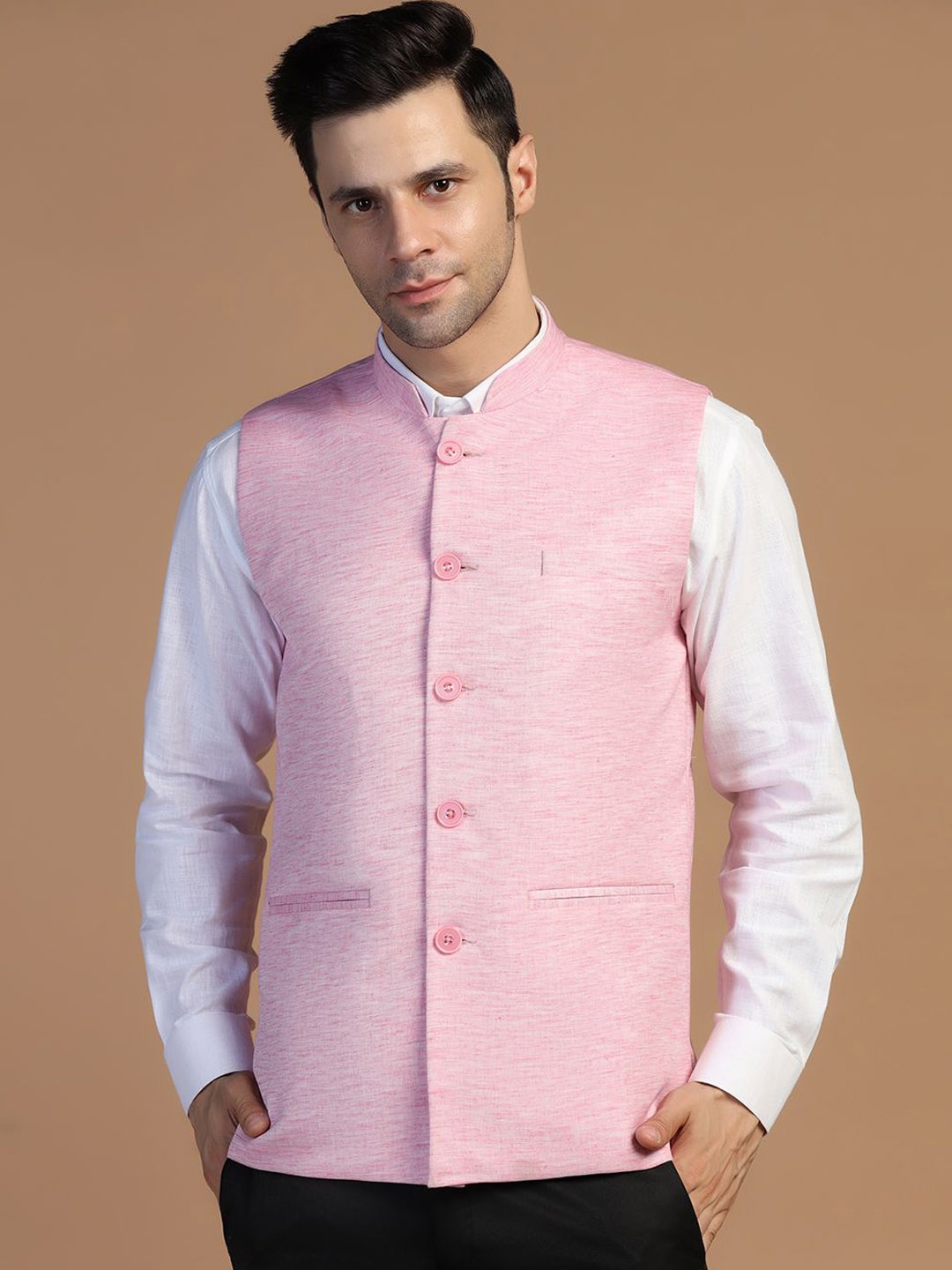 

TAHVO Men Solid Nehru Jackets, Pink