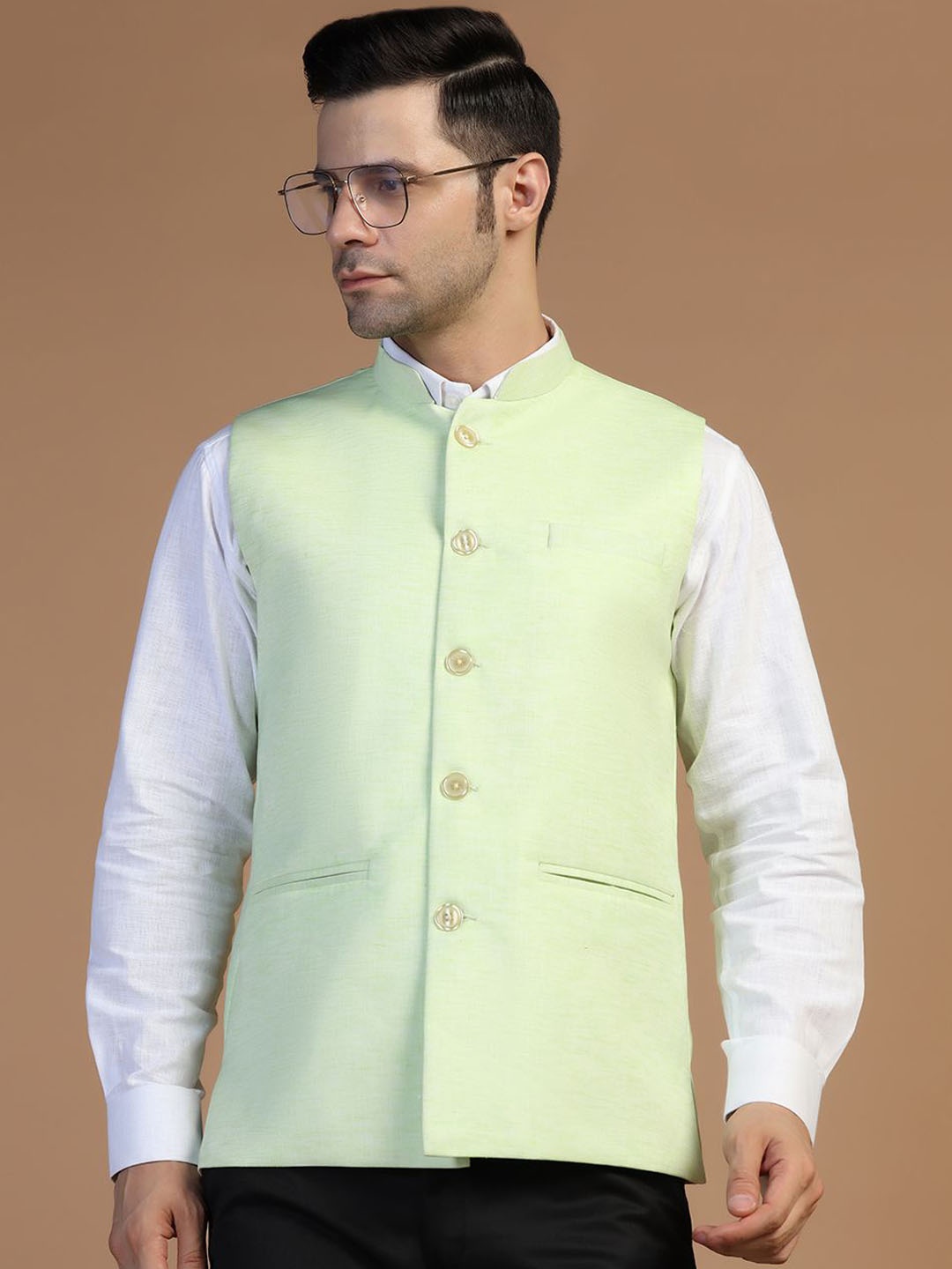 

TAHVO Women Solid Nehru Jacket, Green