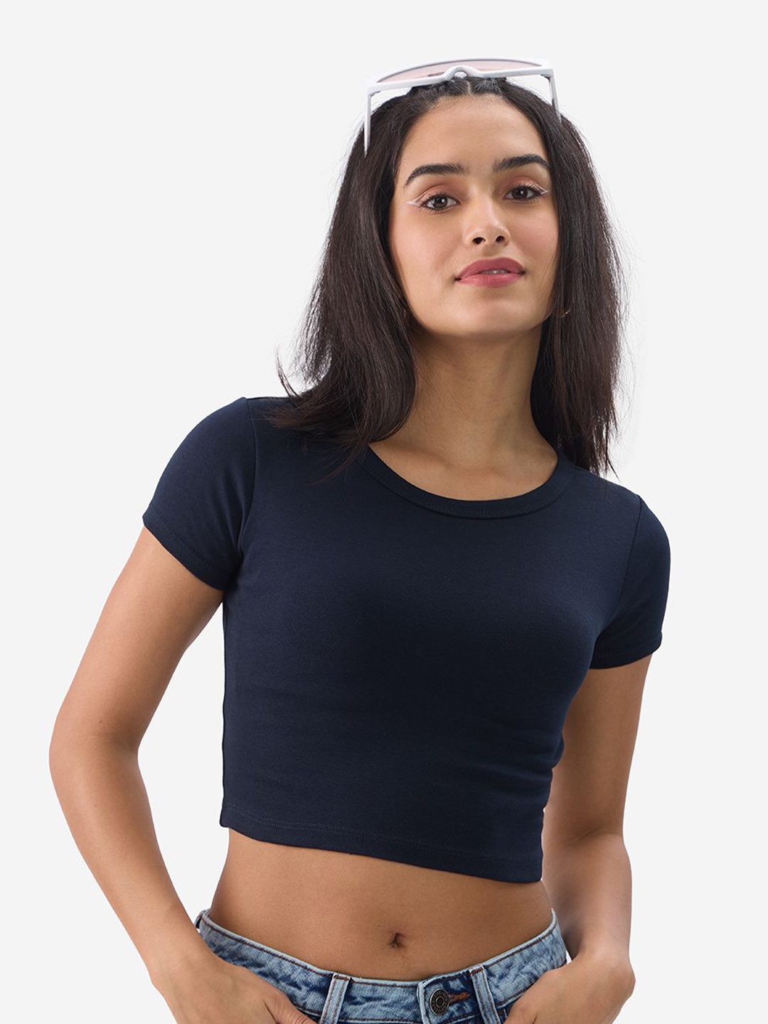 

The Souled Store Women Solid Round Neck Crop Top, Navy blue