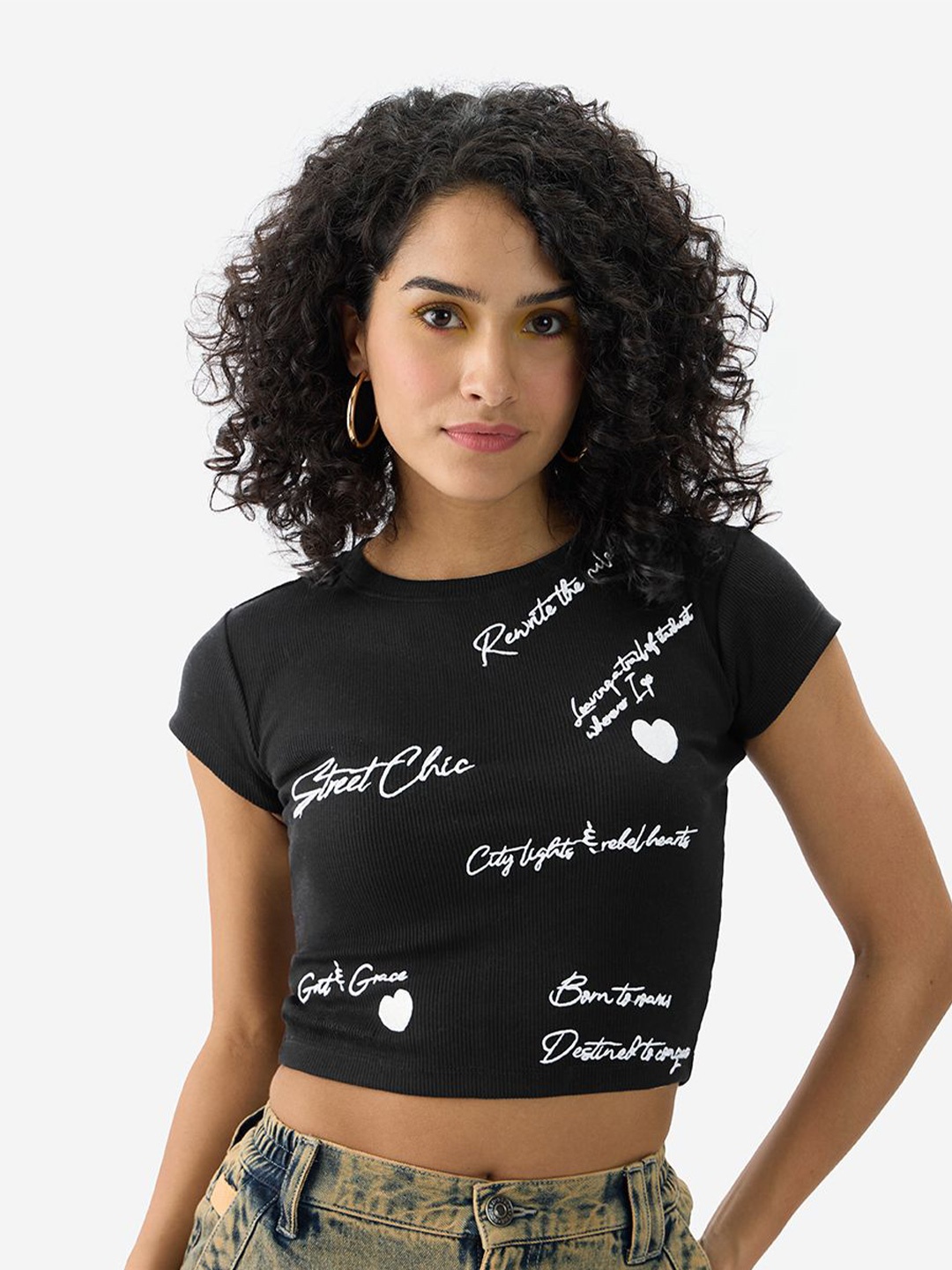 

The Souled Store Women Typography Printed Crop Top, Black