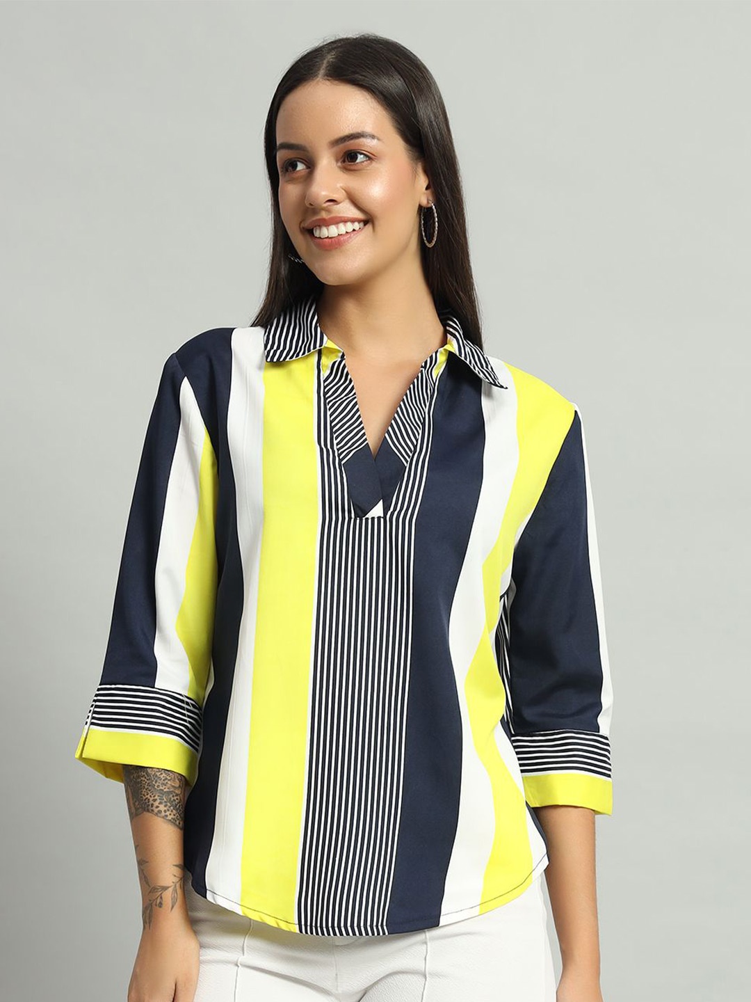 

VAARARO Women Shirt Collar Striped Top, Multi