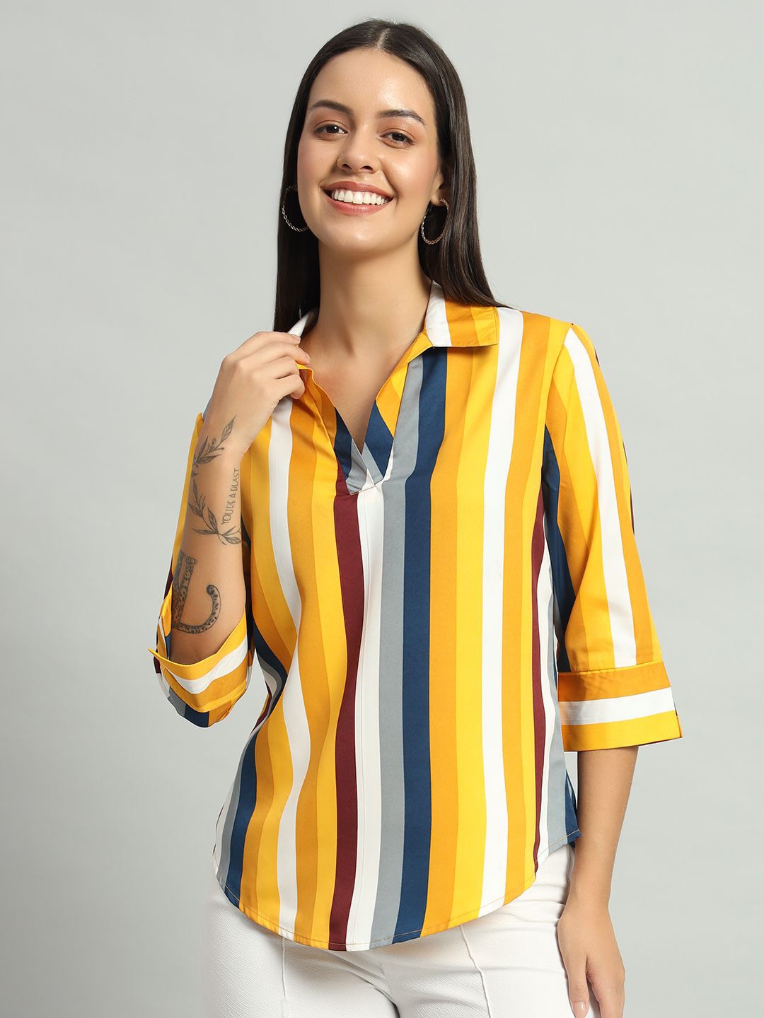 

VAARARO Women Shirt Collar Striped Shirt Style Top, Yellow