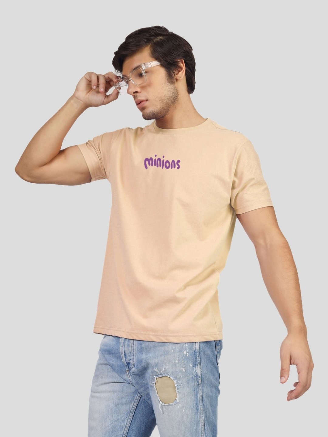 Greylongg Men Graphic Printed Round Neck Cotton T-Shirt, Beige