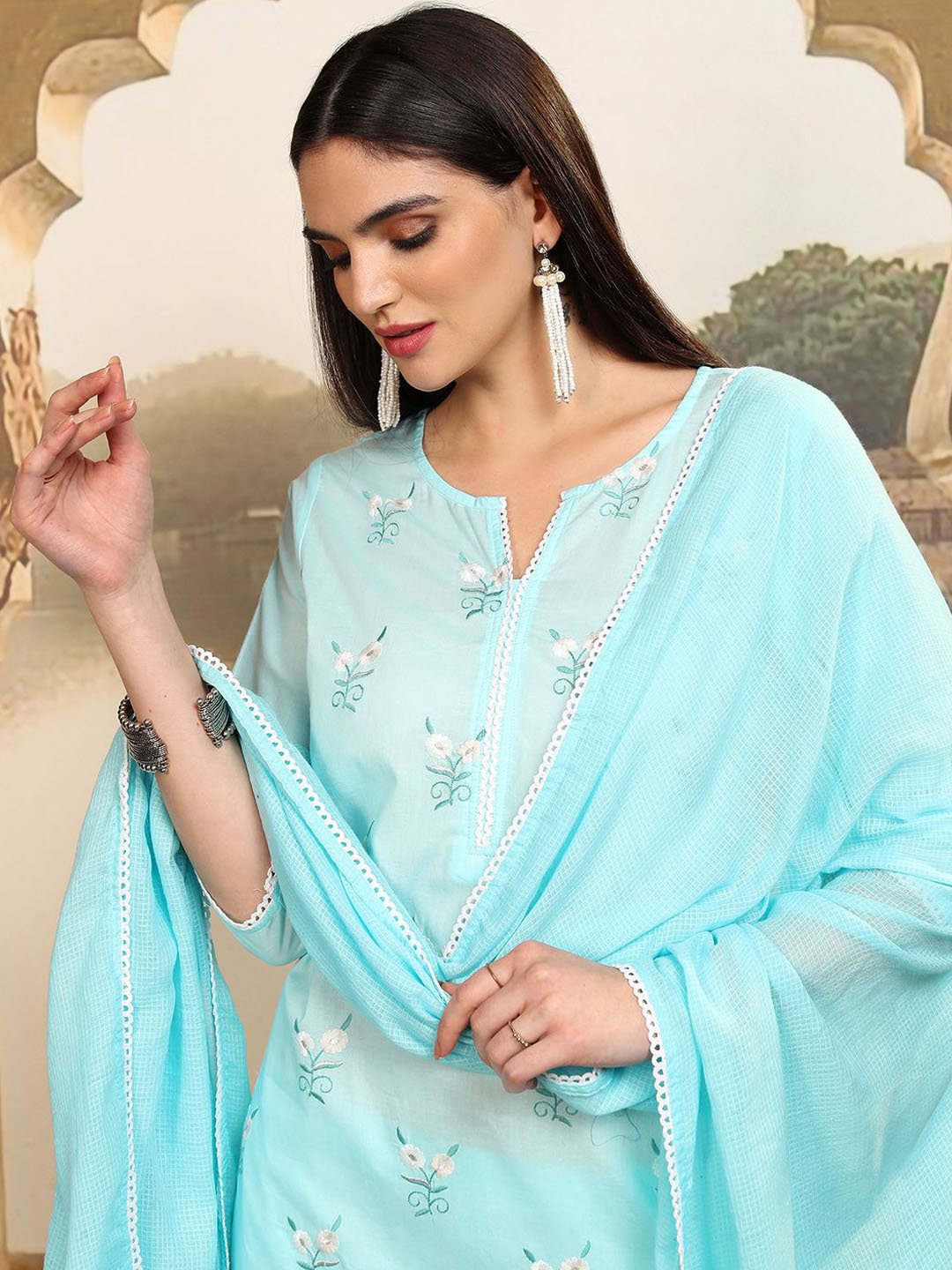 

Vishudh Blue Embroidered Thread Work Pure Cotton Straight Kurta With Trousers & Dupatta