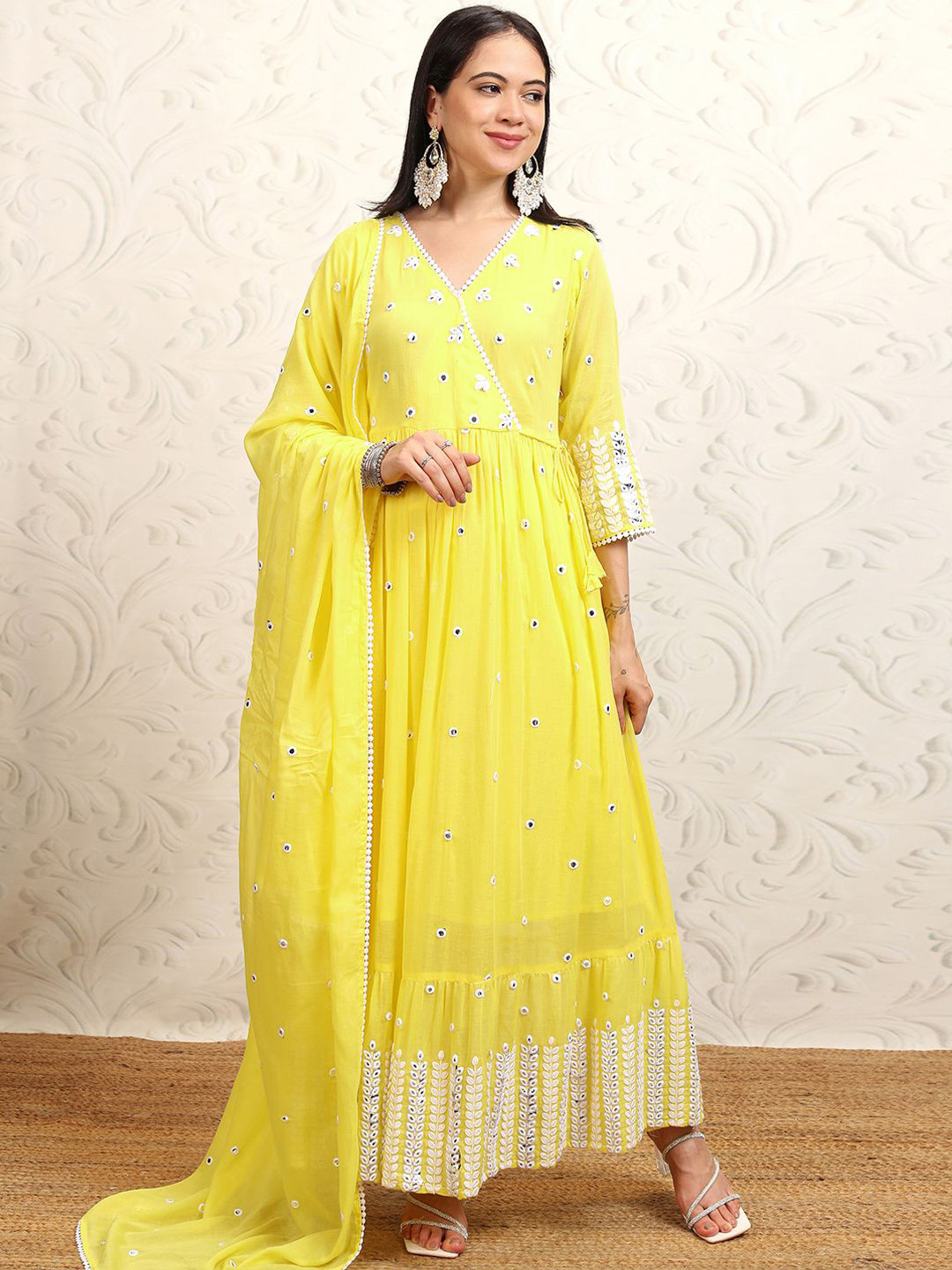 

Vishudh Yellow Embroidered Mirror Work Pure Cotton Angrakha Kurta With Trousers & Dupatta