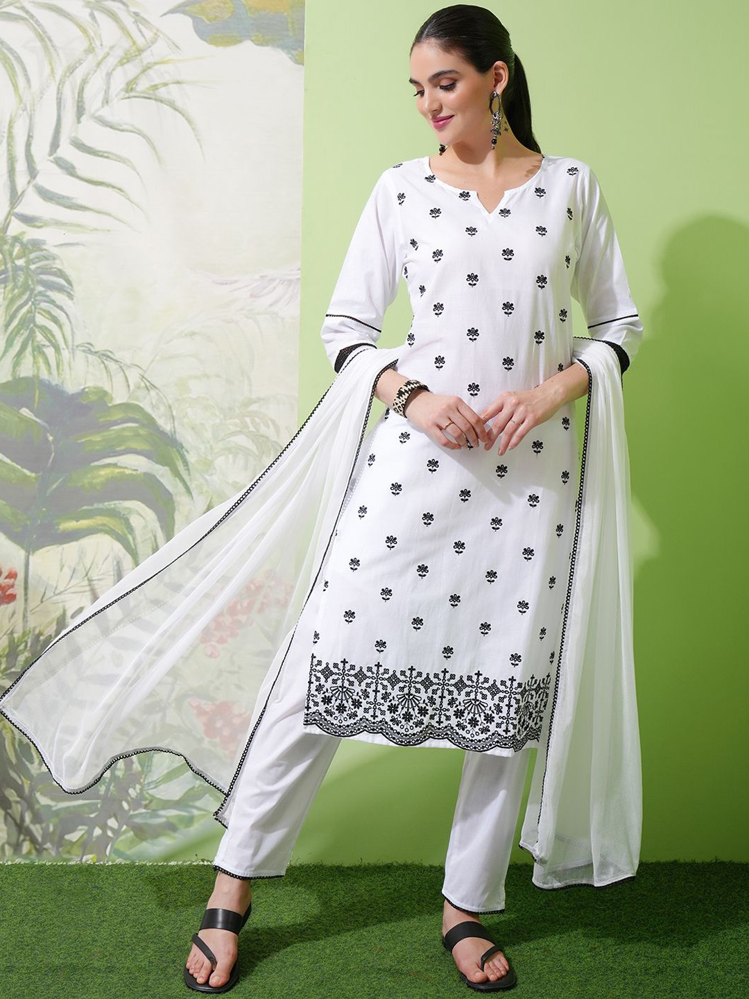 

Vishudh White Embroidered Thread Work Pure Cotton Straight Kurta With Trousers & Dupatta