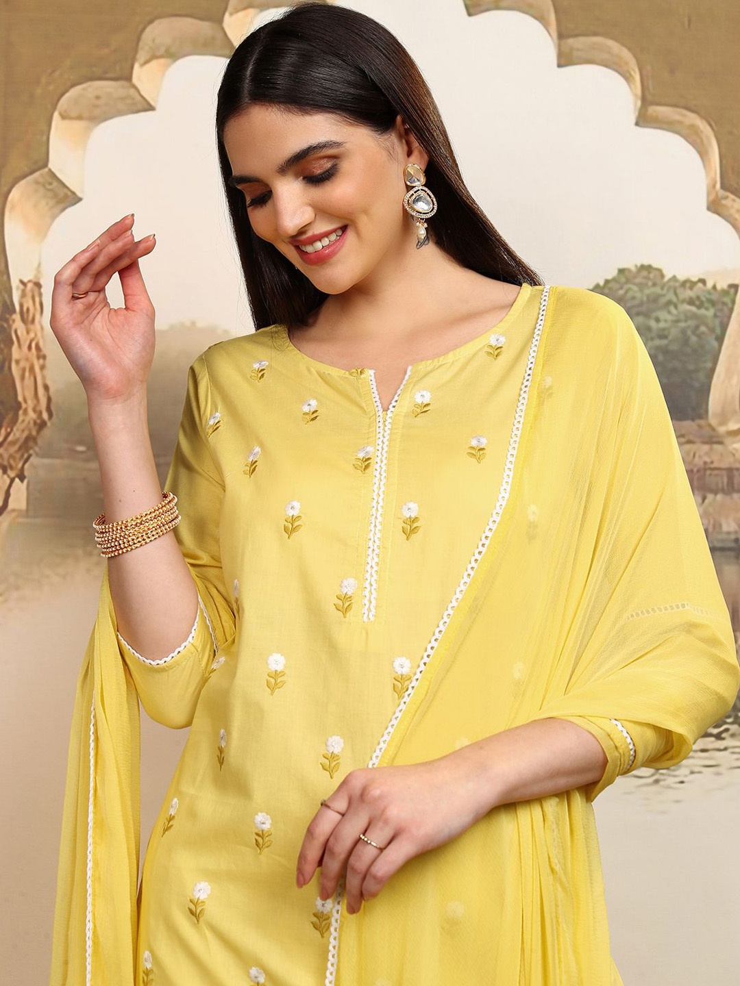 

Vishudh Mustard Yellow Embroidered Pure Cotton Straight Kurta With Trousers & Dupatta