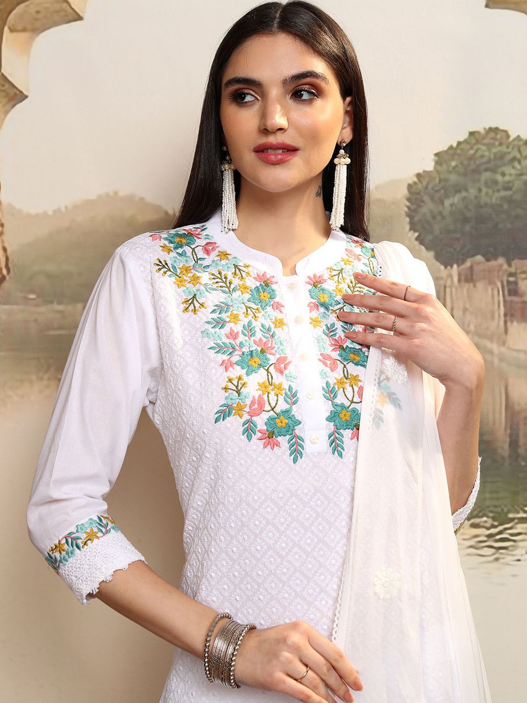 

Vishudh White Embroidered Thread Work Pure Cotton Straight Kurta With Trousers & Dupatta