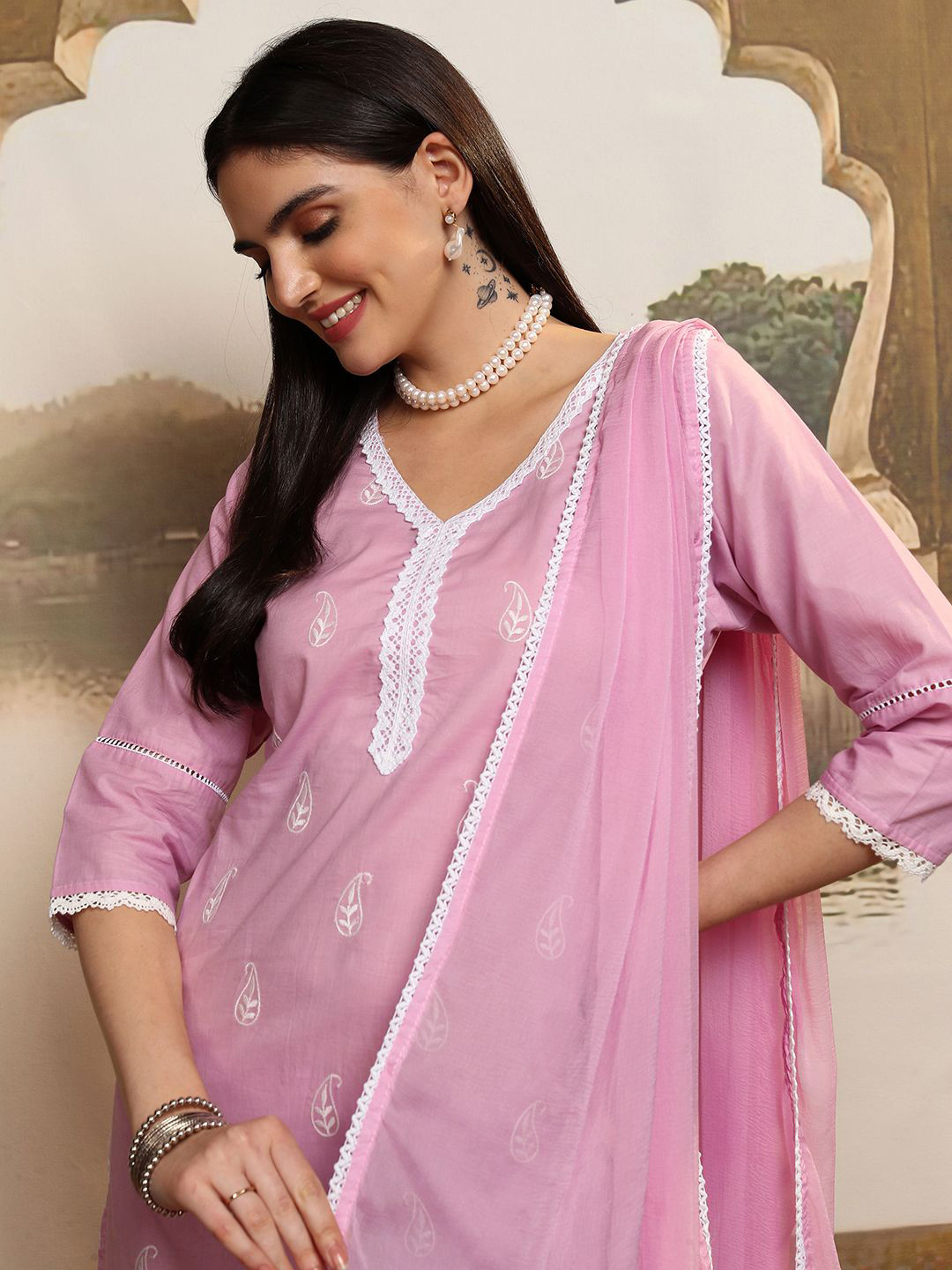 

Vishudh Pink Embroidered Thread Work Pure Cotton Straight Kurta With Trousers & Dupatta