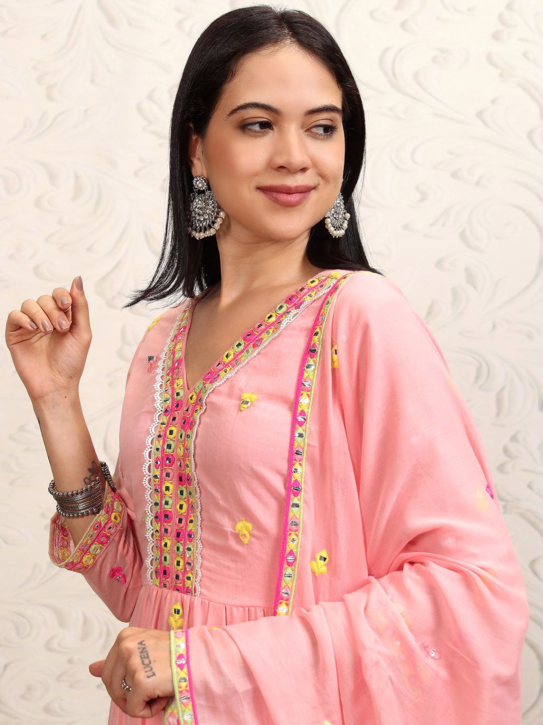 

Vishudh Pink Embroidered Mirror Work Pure Cotton Anarkali Kurta With Sharara & Dupatta