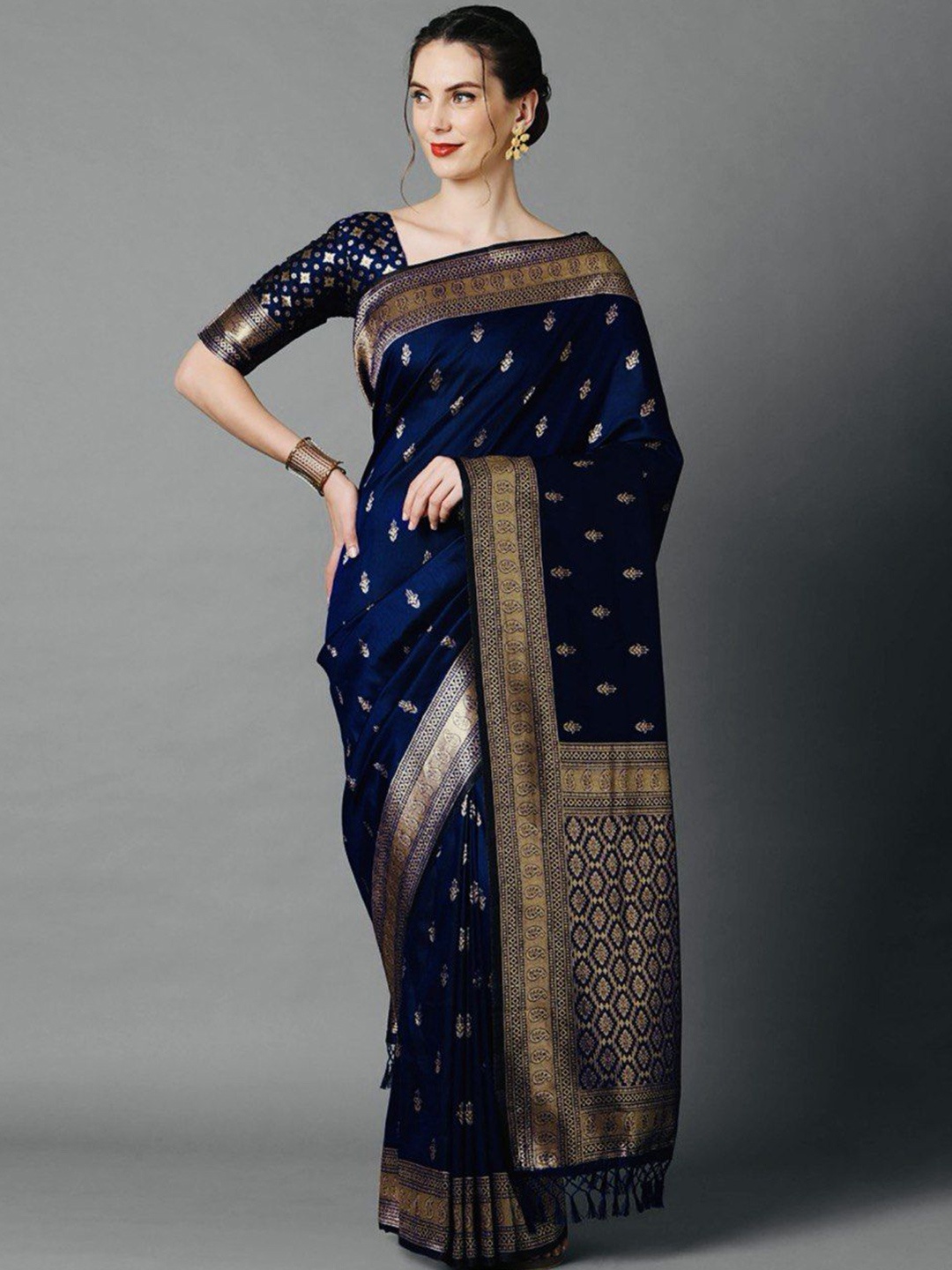 

LEAFFEB Ethnic Motifs Zari Pure Silk Banarasi Saree, Navy blue