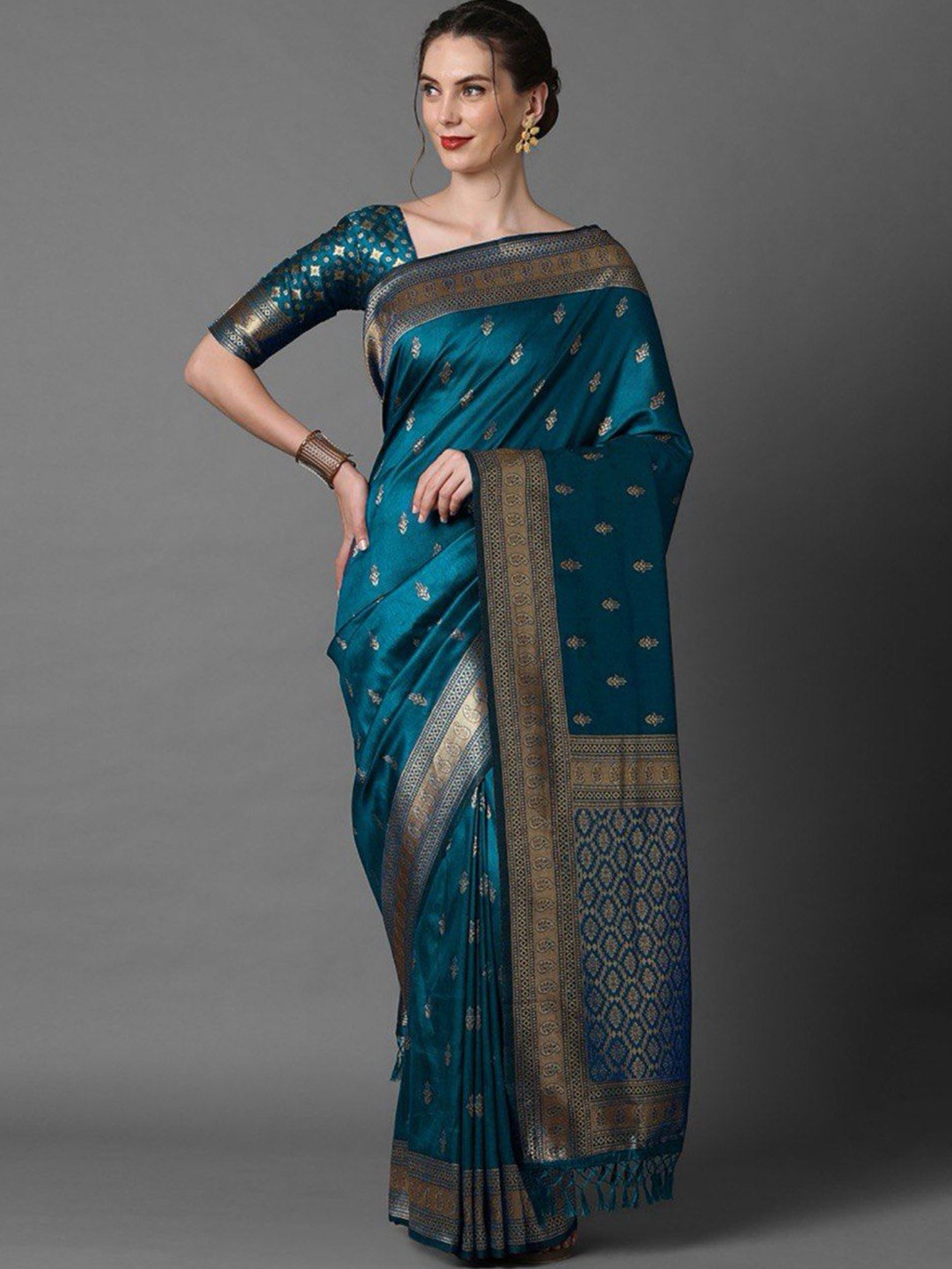 

LEAFFEB Woven Design Zari Pure Silk Banarasi Saree, Teal